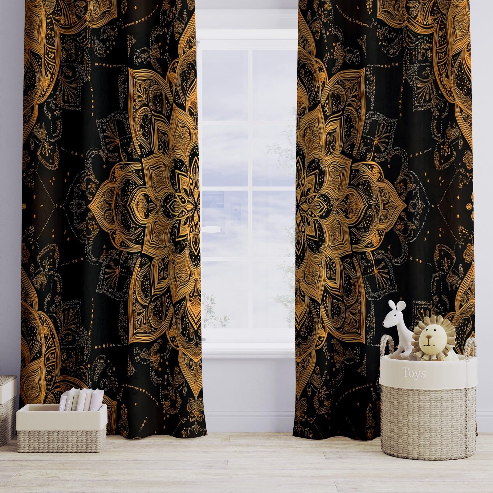 Tende Oscuranti per Interni 2 Pezzi 140x140 cm (LxA), Mandala Gold Tenda Coprente per Soggiorno, Termiche Isolanti Tendaggi per Interno con Anelli Finestra per Camera da Letto Salotto Cucina