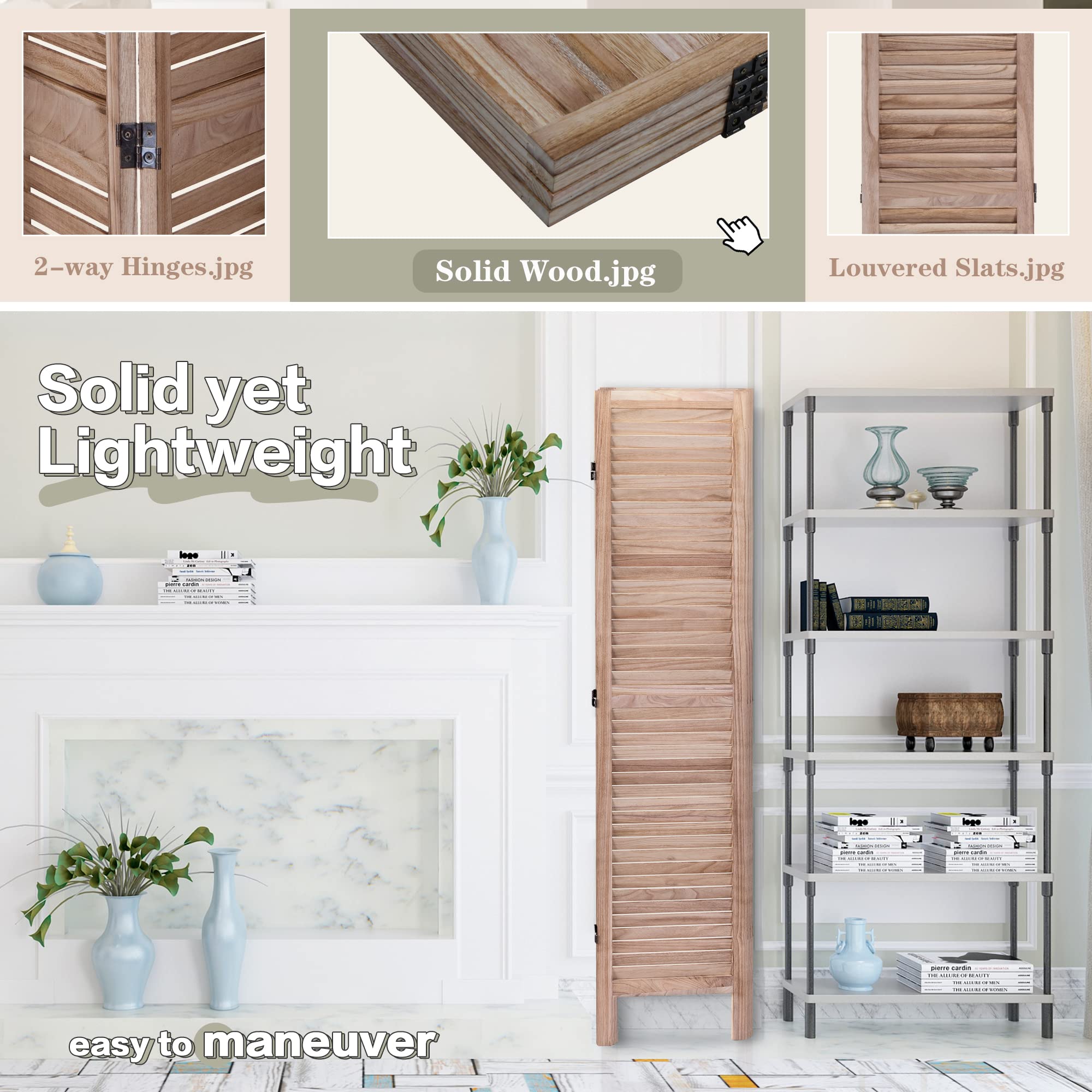 JAXSUNNY 4 Panel Privacy Screen Room Divider, Louvered Partition Room Divider Screen, Folding