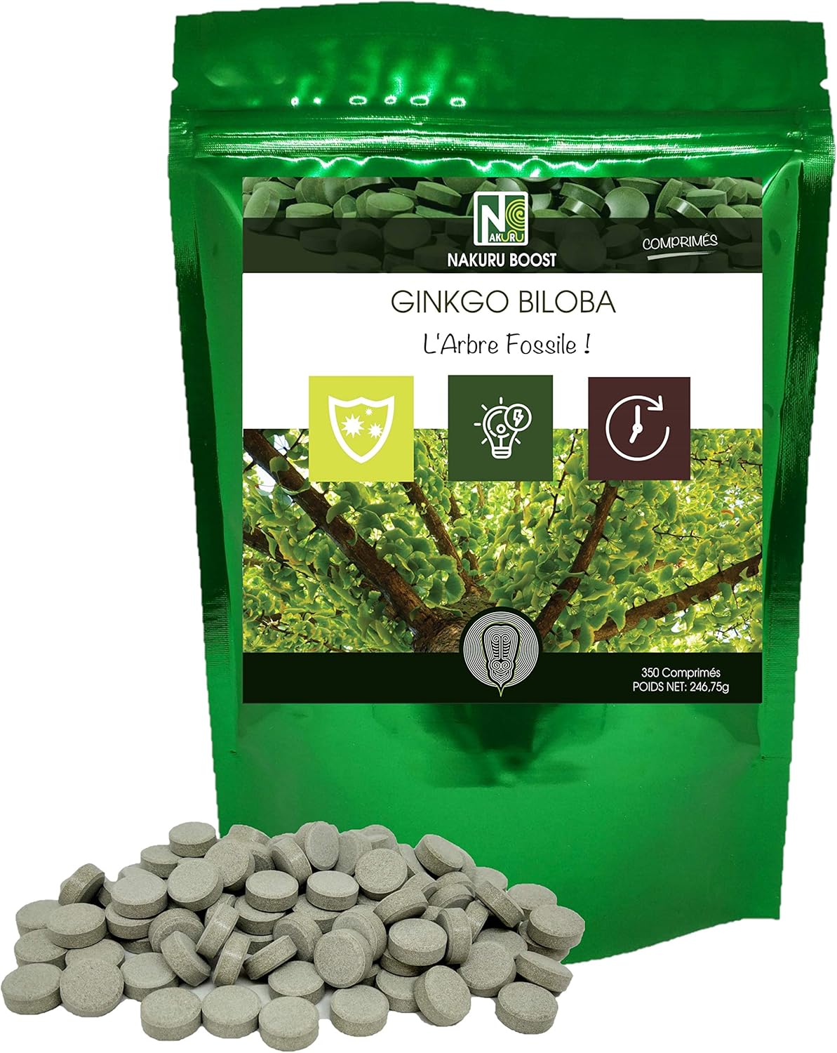 NAKURU | Ginkgo Biloba | Boost Range | Made in France | “The Fossil Tree!” | (350 Tablets of 705mg / Net Weight: 245g / Green)