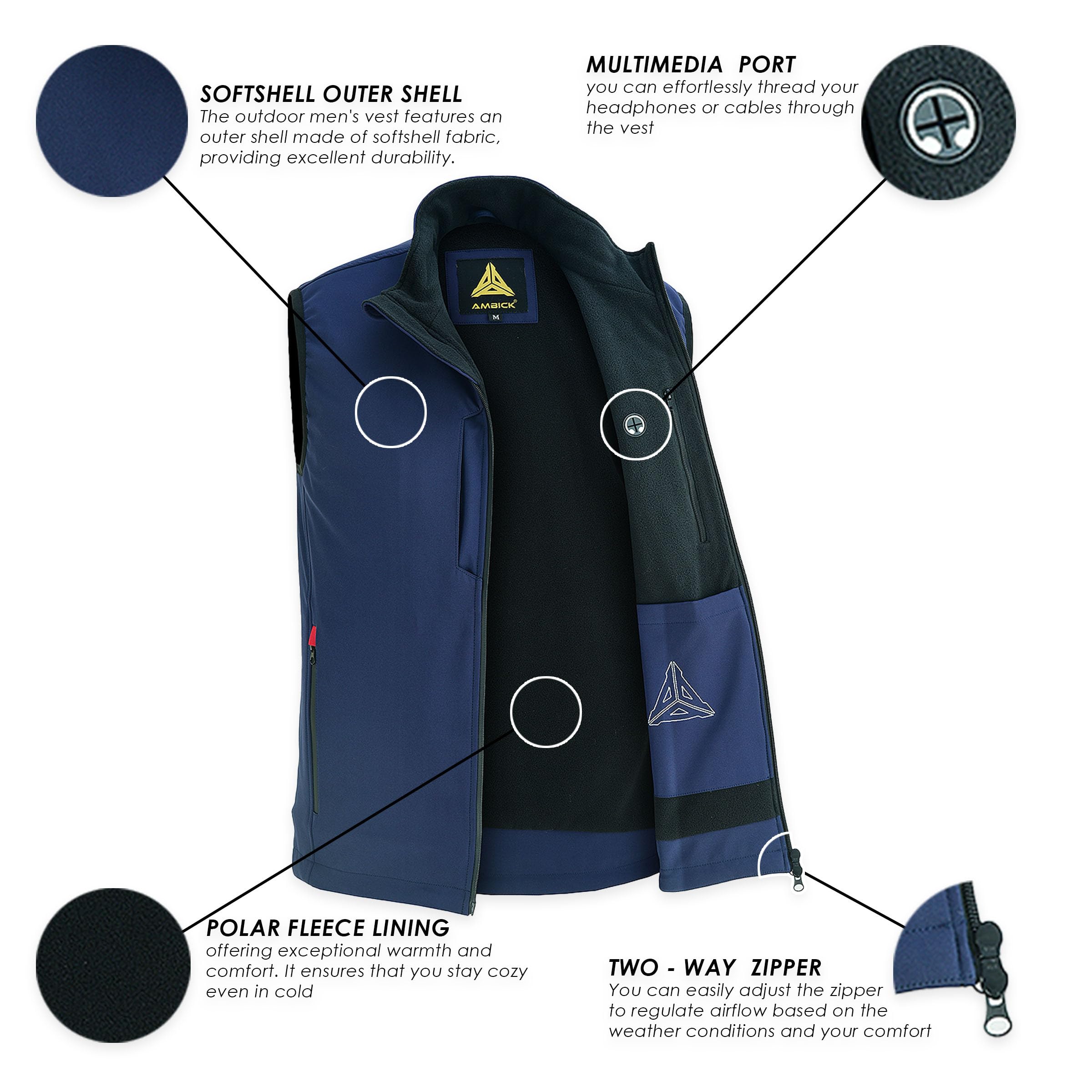 Ambick Krayz Gilet d'extérieur Softshell coupe-vent doublé polaire, gilet de course sans manches pour voyage, golf, randonnée
