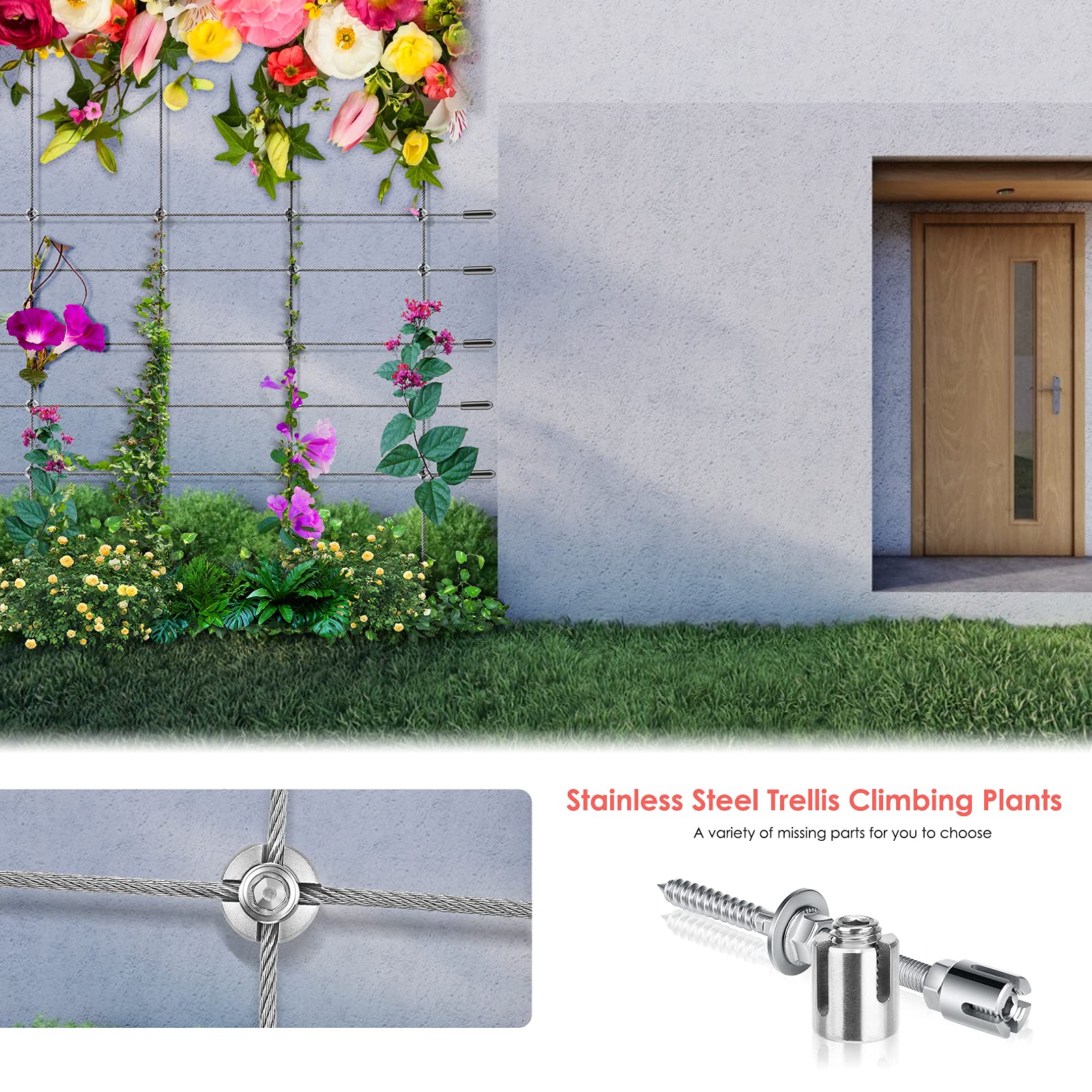 Support pour Plantes Grimpantes, 24m Corde en Acier Inoxydable à Suspendre Kit avec 3mm Cable INOX et 16 Tendeurs, pour Jardin/Mur Béton/Clôture Câble/Bois Massif (24m)