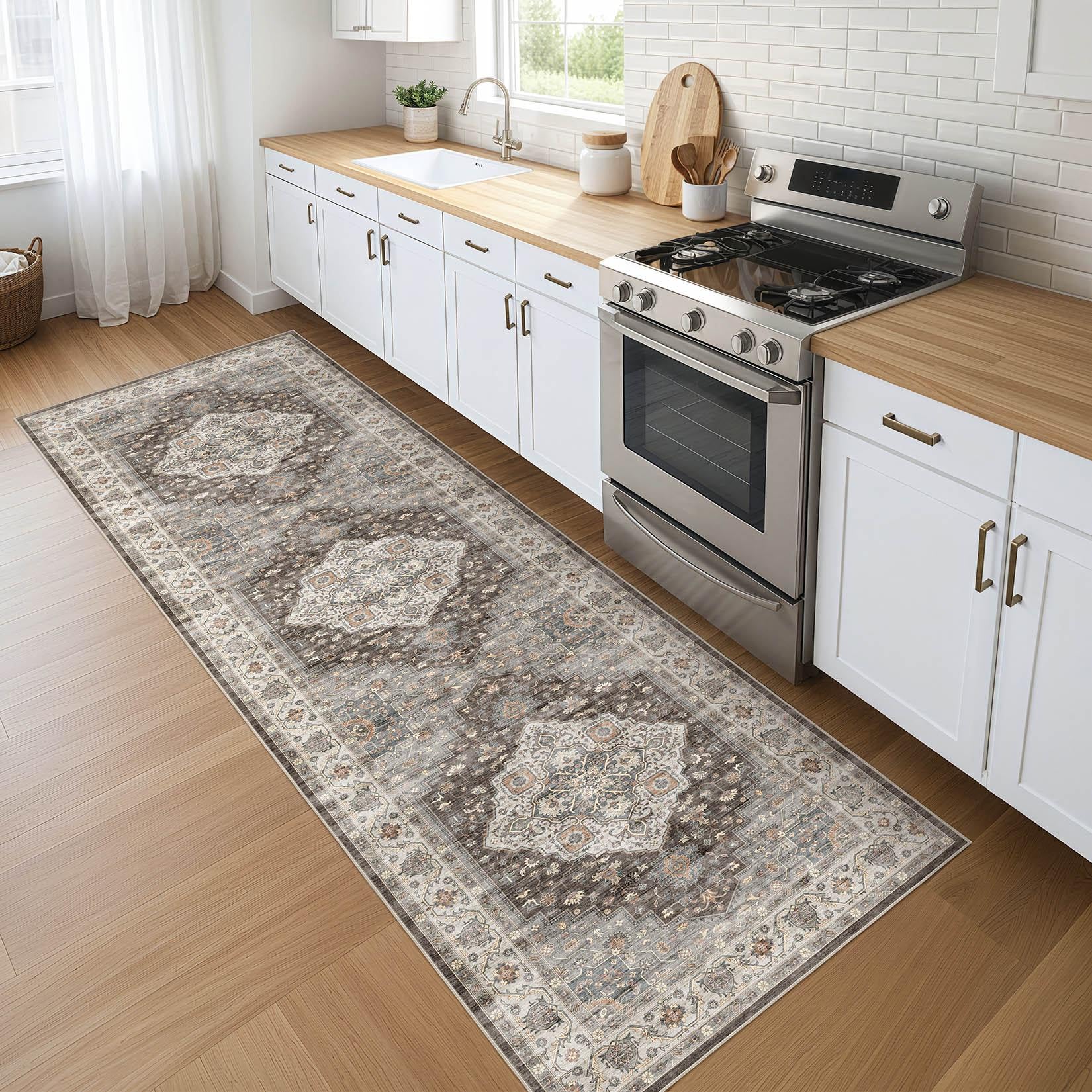 LOONGRUG Runner Rug 3x8 Washable Non-Slip Vintage Boho Rug Grey Brown