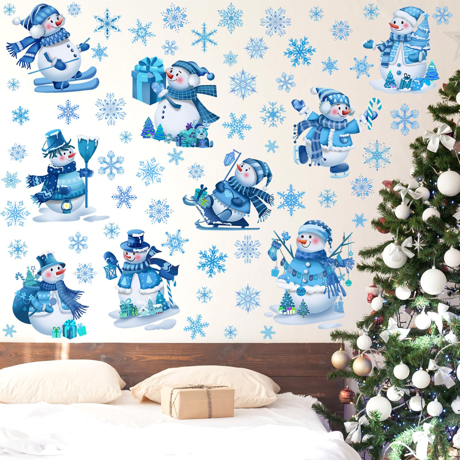 Eersida 65 Pcs Large Winter Wall Decals 6 Sheets Snowman Window Clings Christmas Removable Wall Stickers Blue and White Snowflake Decoration for Home Bedroom Living Room New Year Party Supplies