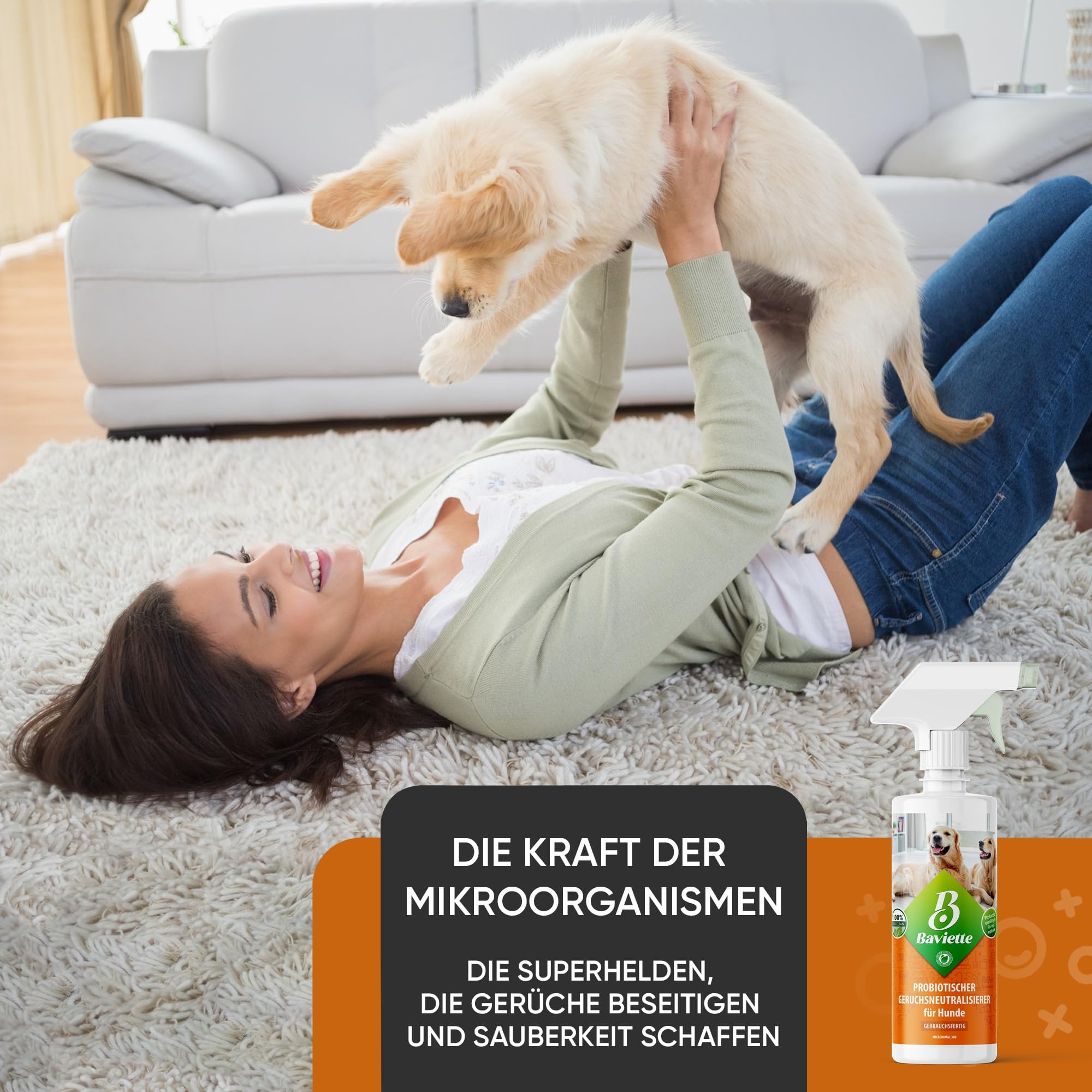 Baviette Spray 4 x 500 ml – Neutralizador de olores para hogares de Perros – con microorganismos Naturales – Inodoro, sin Cloro y Respetuoso con los Materiales – Adecuado para Textiles, Muebles