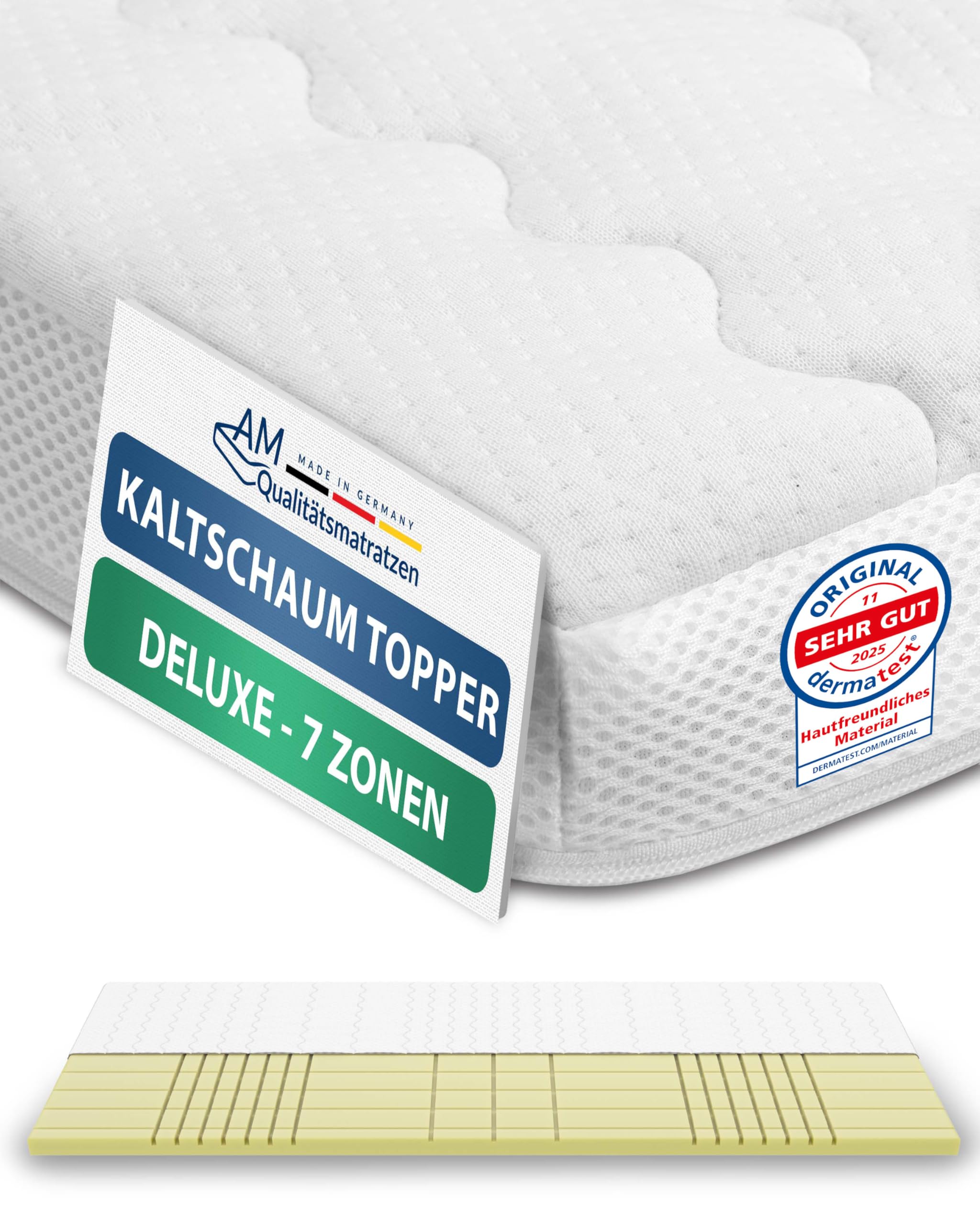 AM Qualitätsmatratzen 3D Deluxe 7 Zonen Kaltschaum Topper 180x200cm RG50 - Made in Germany - Atmungsaktiver Topper 180x200-8cm - Matratzenauflage 180x200 mit Lyocell Bezug und Anti-Rutsch Funktion