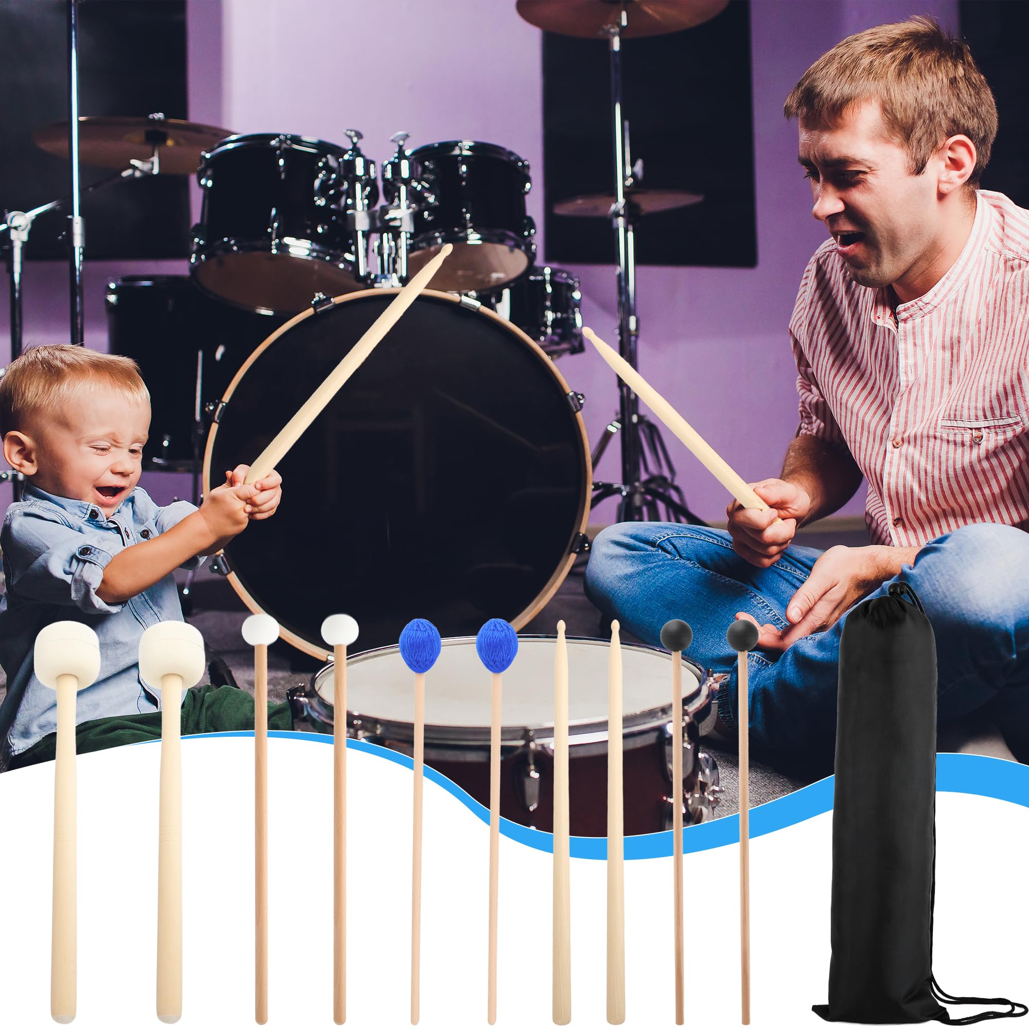 Juego de 5 pares de baquetas de percusión para instrumentos de xilófono, cabeza de fieltro de goma, baquetas de acero, accesorios