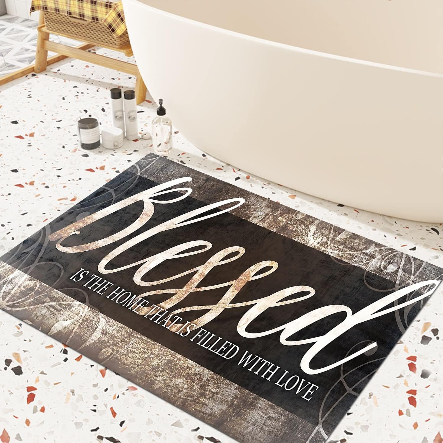 GUBIYU Welcome Mats Area Rugs Outdoor Entrance Mats Black Distressed Blessed is The Home is Fulled with Love Welcome Doormat for Indoor Outdoor Rugs Area Enter Door Mat for Front Entrance 23.6"x35.4"