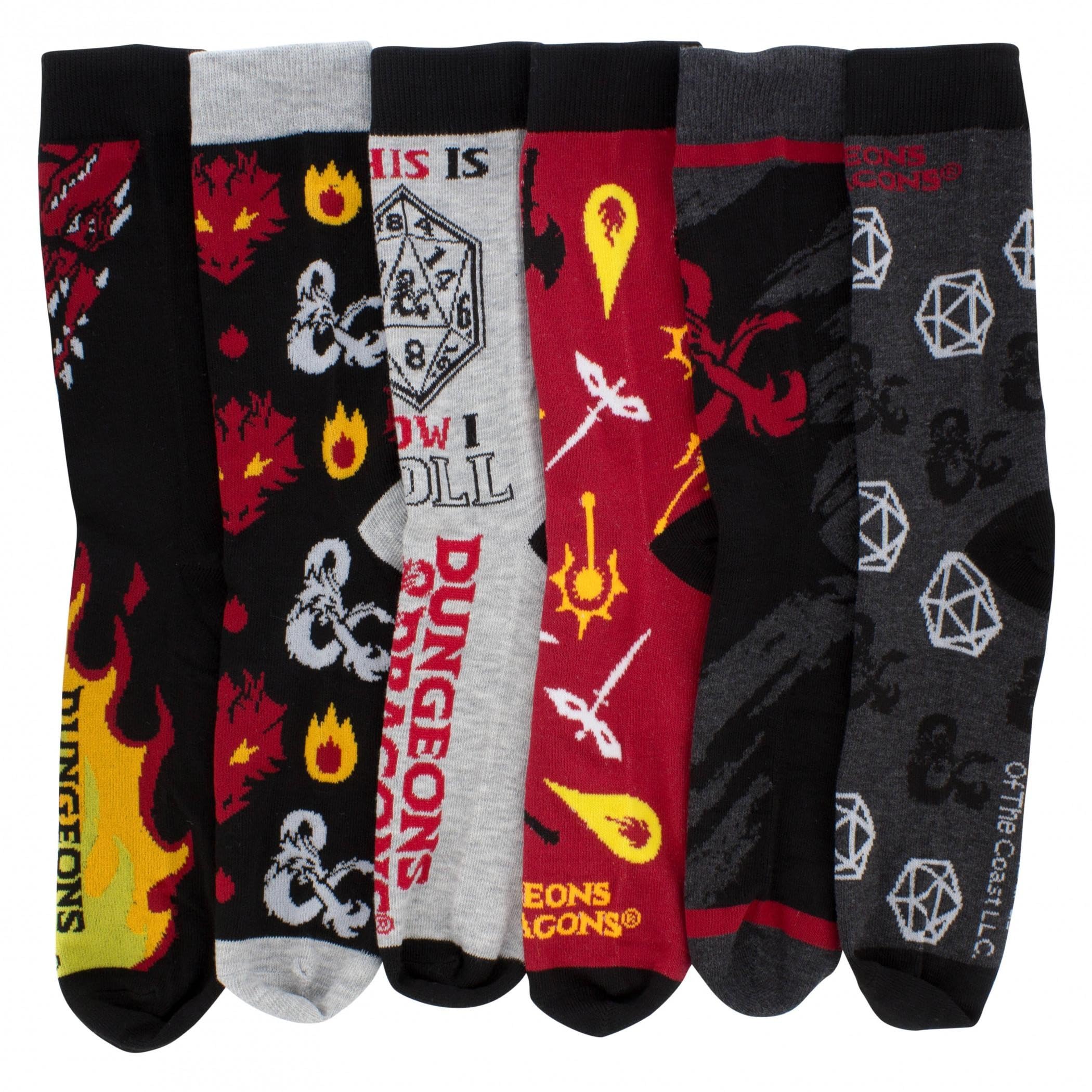Hyp Men's Grey Dungeons & Dragons Casual Crew Socks, 6-Pack, Size 8-12, 8-12