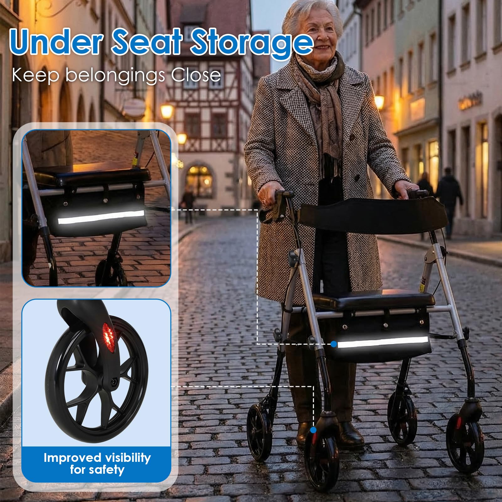 Andador para Ancianos, 4 Ruedas Andadores Adultos Plegable con Asiento | para Todo Terreno, Regulable en Altura Asiento y Mango de Altura, Frenos Manuales y Bloqueables, con Bolsa de Almacenamiento