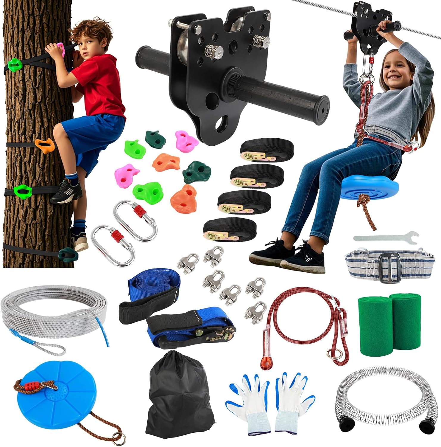 Zipline for Backyard Kids and Adults: 200FT Up to 400 lbs - Updated Removable Design Trolley,Thickened Seat,Safety Harness,Quick Tighten Zipline Kits for Outdoor