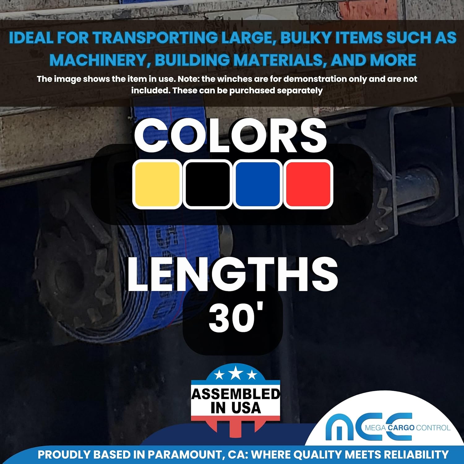 Mega Cargo Control Blue 3" x 30 Foot Heavy-Duty D Ring Winch Strap, Flatbed Trailer Tie-Downs with Delta Ring, for Hauling, Construction, Lumber - 10 - Pack