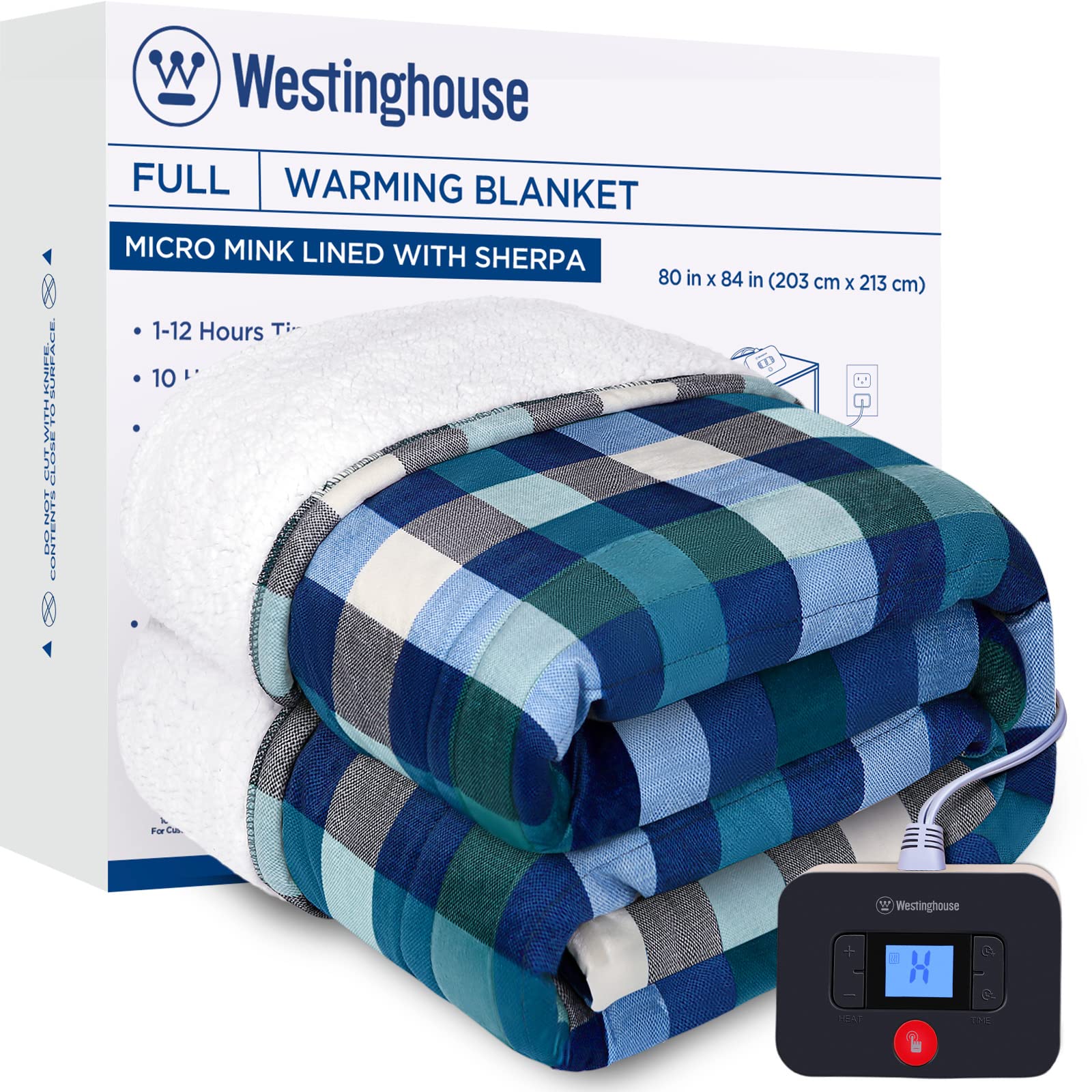 Westinghouse Full Size Electric Blanket, Flannel & Sherpa Heated Blanket with10 Heating Levels & 1 to 12 Hours Heating Time Settings, Fast Heating Blanket, Machine Washable, Green Plaid, 80x84 Inches