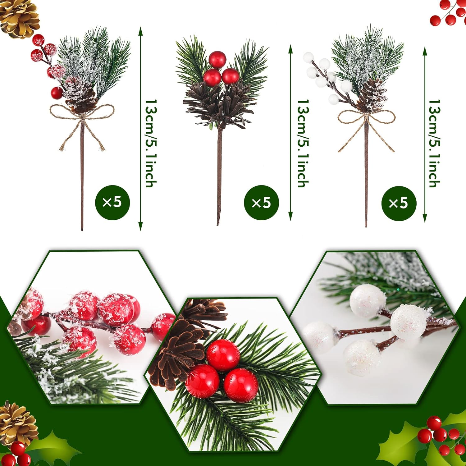 60 Pcs Christmas Artificial Green Pine Needles, Christmas Floral Picks Artificial Holly Red Berry Twig Stem Pine Snowy Cone Branches Garland Bulk for Xmas Tree Craft Holiday Winter (Elegant Style)