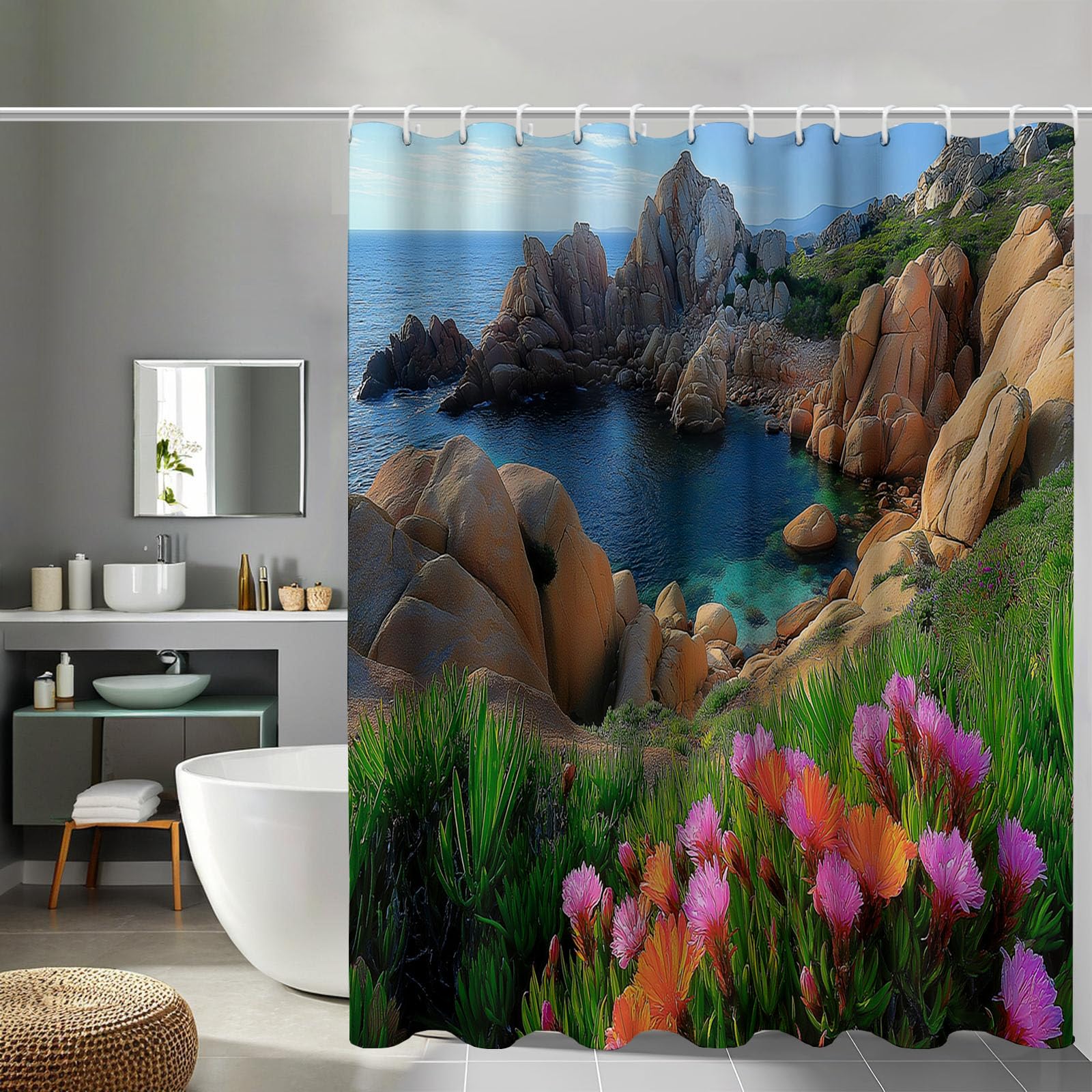 Rideau douche rochers végétation lavable et imperméable en polyester pour baignoire
