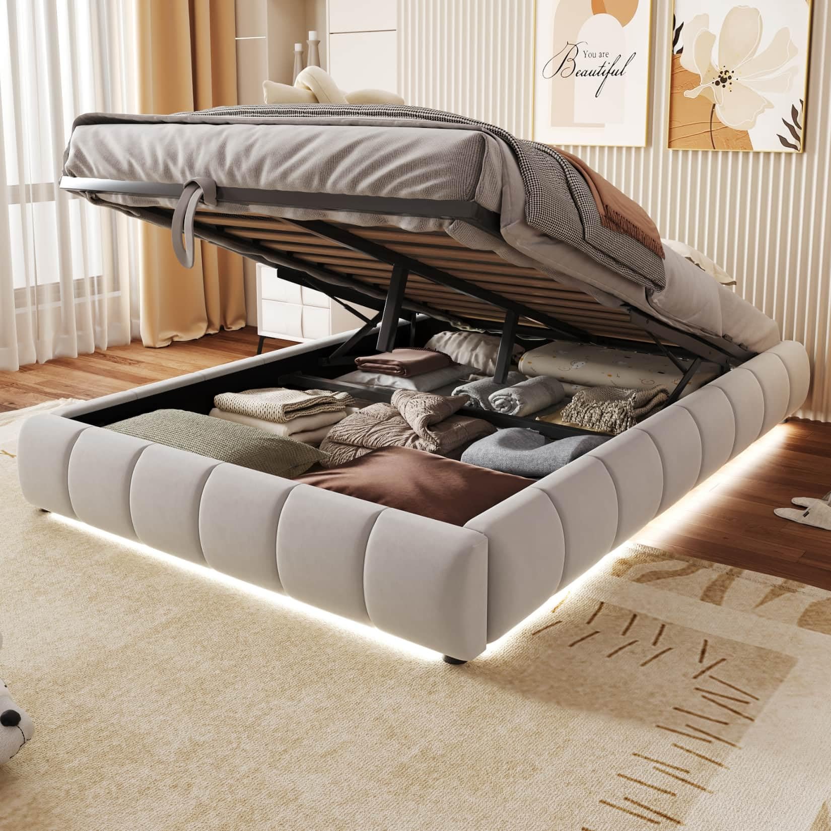EURHCIO Lit Coffre 140x200 sans Tête de lit,Cadre de Lit 2 Personnes avec Effet Flottant,éclairage LED,Espace de Rangement Hydraulique,pour Adulte Ado,Flanelle(Beige, 140x200)