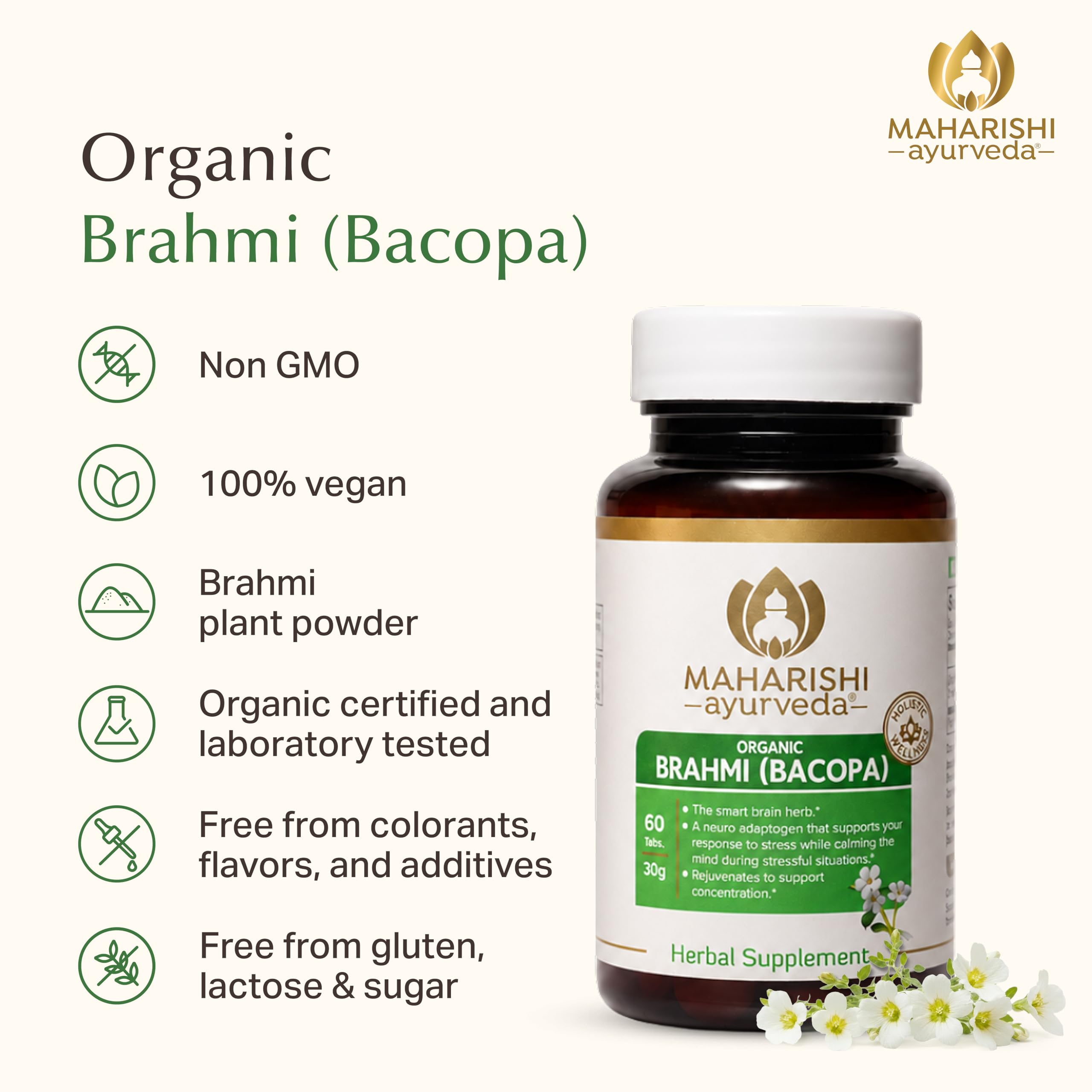 Maharishi Ayurveda Organic Brahmi (Bacopa)– 500 mg, 60 Tabs – Herbal Supplement that Supports Focus, Memory, Concentration & Cognitive Health.| Non-GMO | Certified Organic* — Amazon image 4
