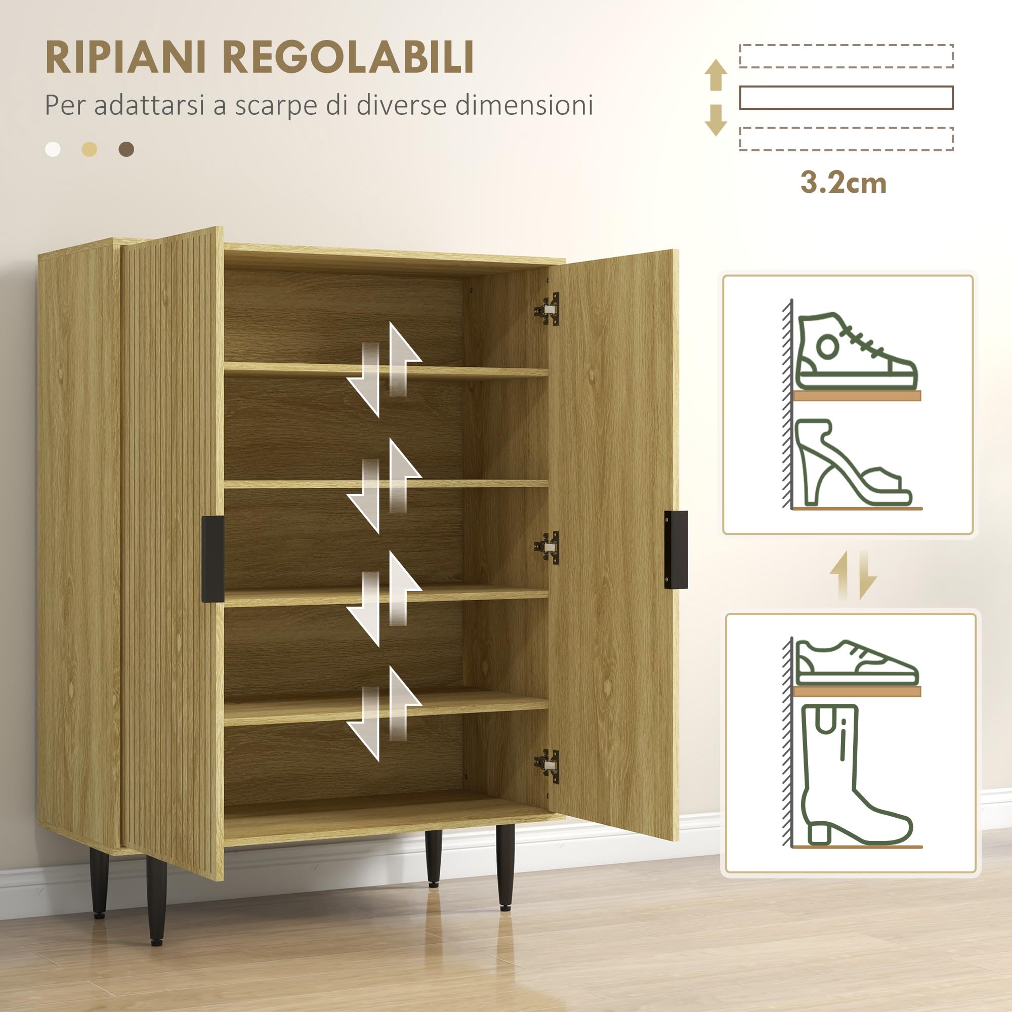 HOMCOM Scarpiera Salvaspazio per 15 Paia di Scarpe 80x38x110cm Rovere | Scarpiera da Ingresso, 4 Ripiani Regolabili, Gambe in Metallo