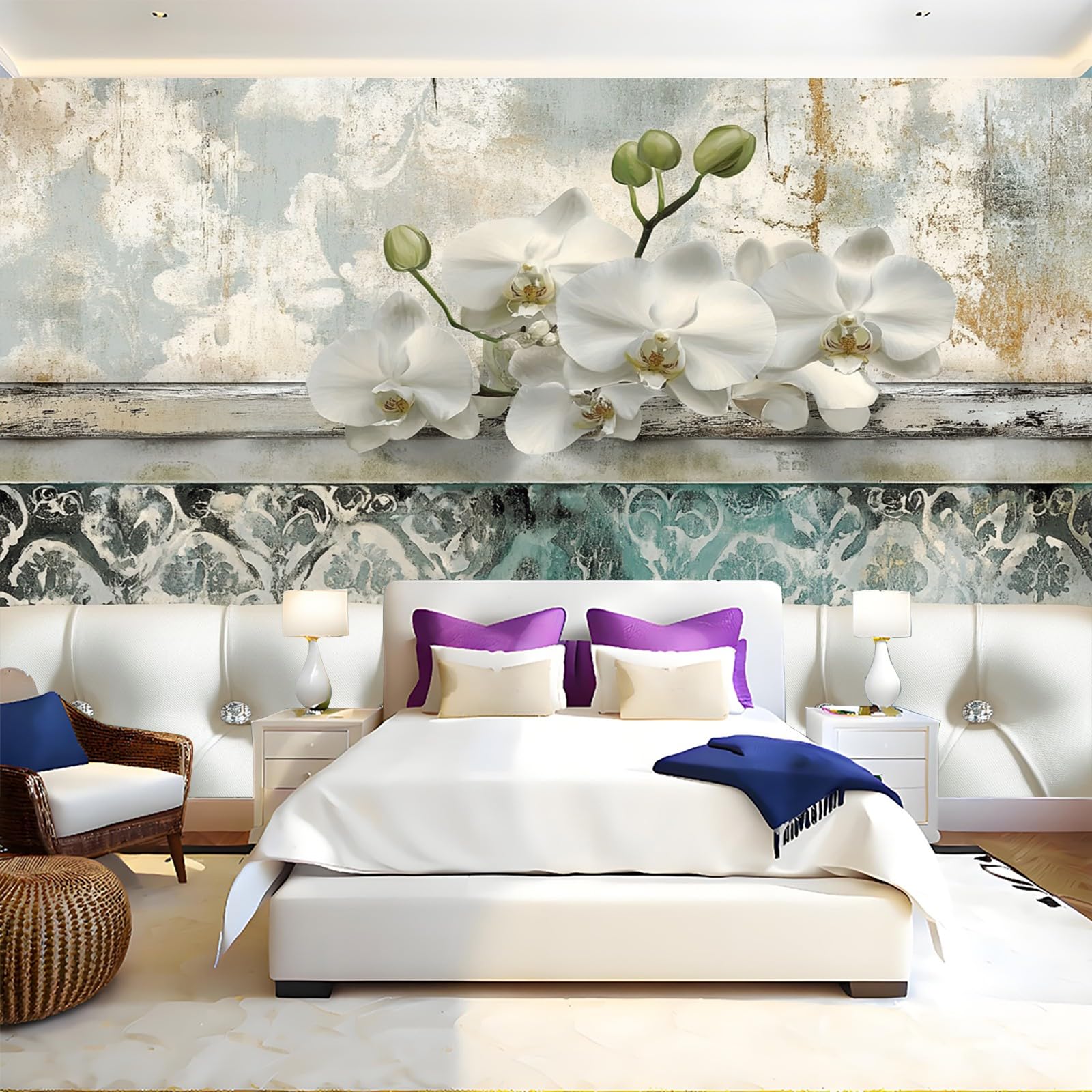 Fototapete Strassknöpfe mit Blumenmuster Vliestapete 300 x 210 cm Weiß 3D Effekt Wandbild Moderne Wandtapete für Schlafzimmer Wohnzimmer