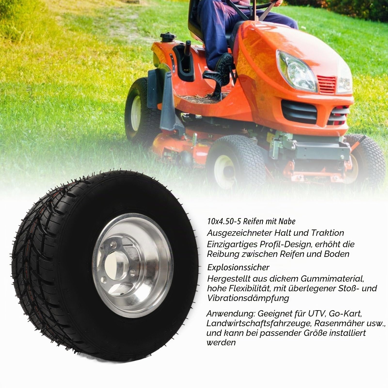 10x4.50-5 Reifen mit Nabe universell einsetzbar für UTV -Kart Rasenmäher und landwirtschaftliche Fahrzeuge explosionsgeschützt rutschfest langlebig mit verbesserter Traktion und Ko