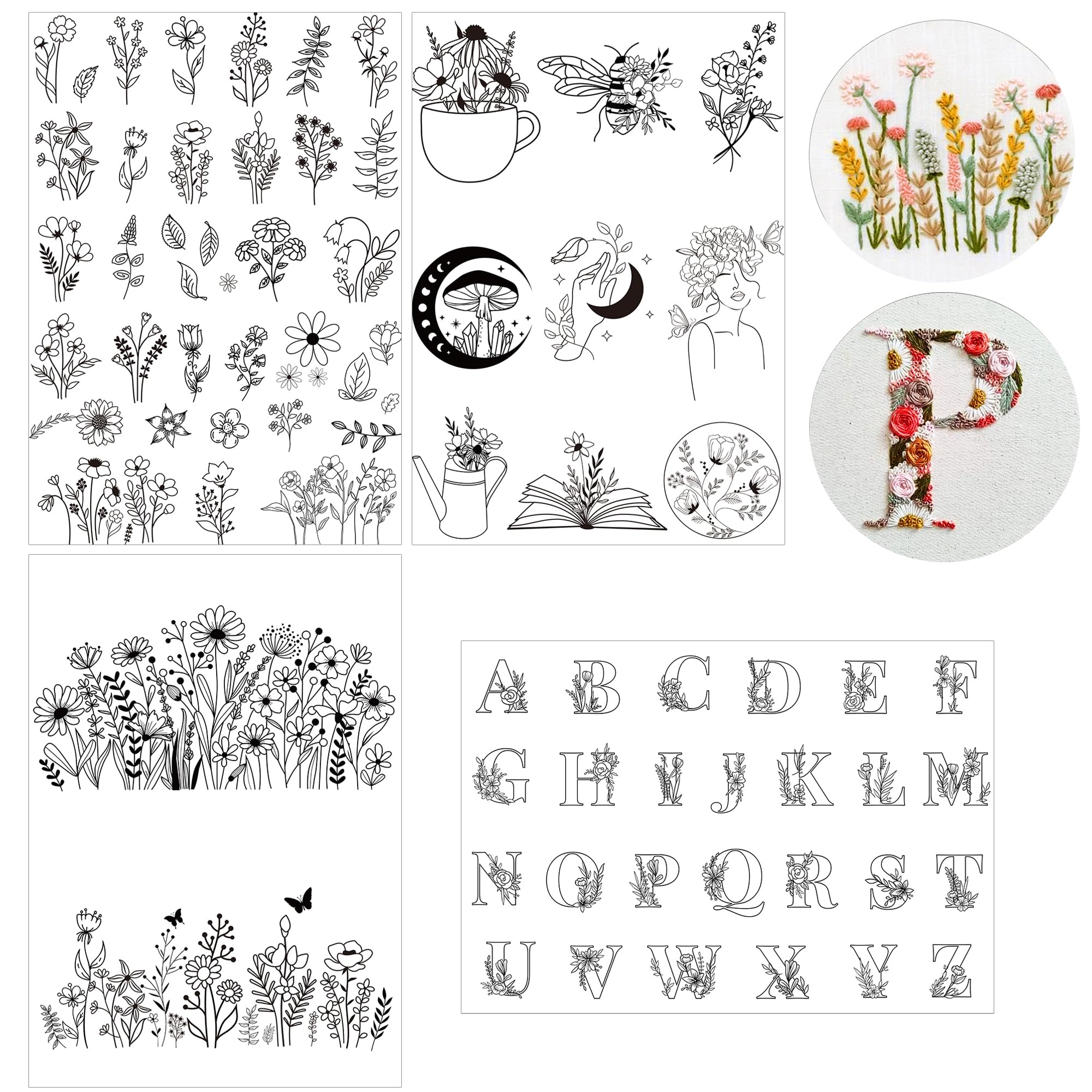 Stick & Stitch Embroidery Paper Pattern - 4 Sheet Stick & Stitch Embroidery Paper Wash Away, Water Soluble Stabilizer for Embroidery, 26 Letters, Mushroom, Flower Design, Suprise for Hand Sewing Lover