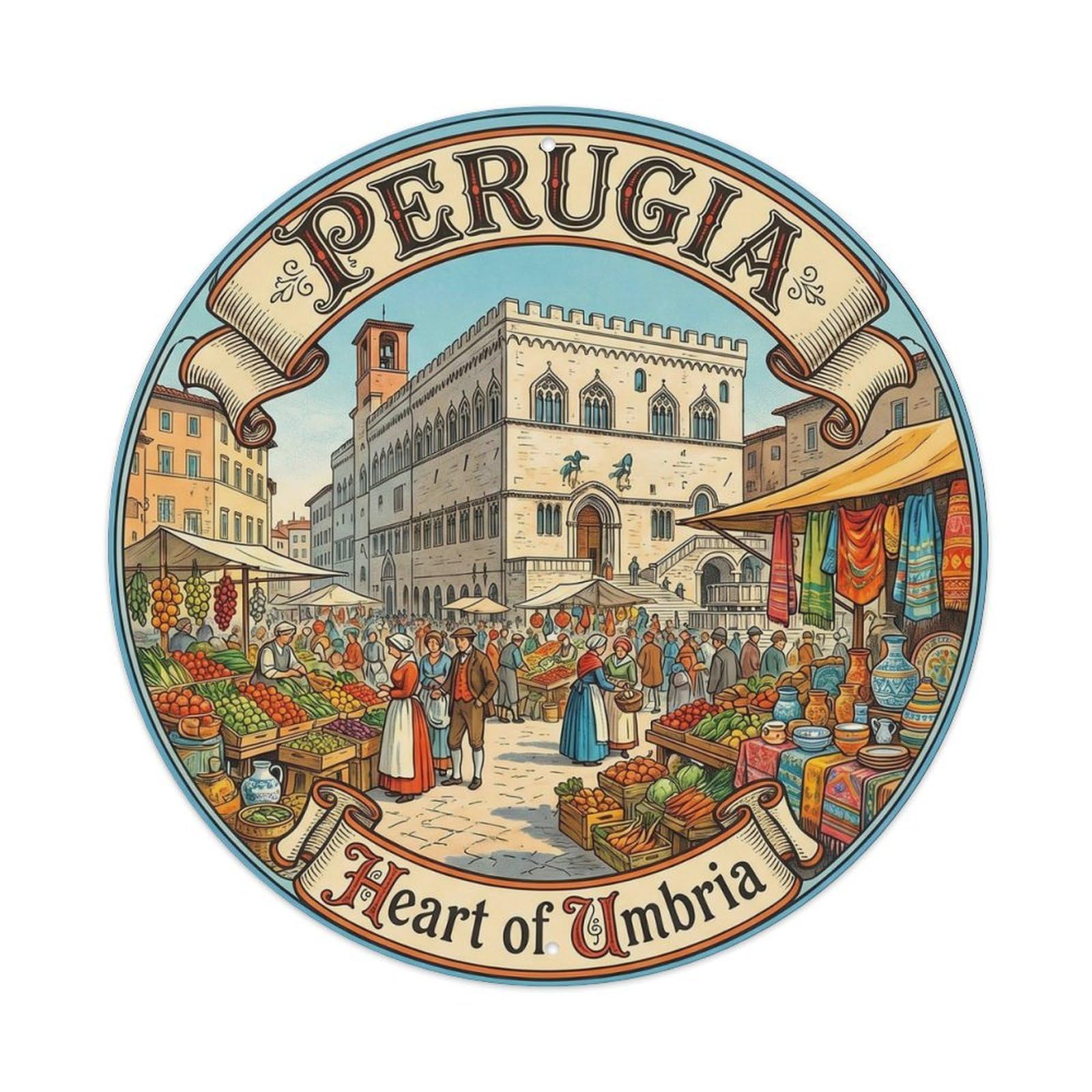 Classic Umbria City Cathedral Scenic Landmark Europe Metal Tin Sign Plaque Wall Decor for Cafe, Man Cave, Club Bar, Office, Home Garden Round Metal Poster 8x8Inch