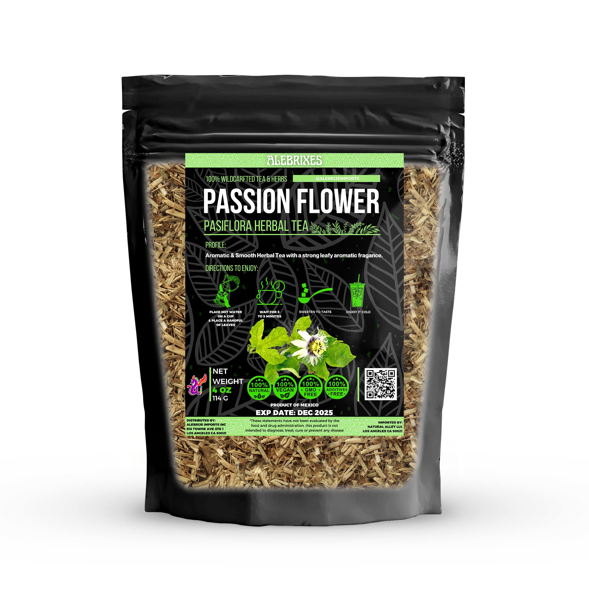 Alebrixes | Passion Flower Herbal Tea (4 oz) | Whole Dried Passionflower Leaf | Te Passiflora - Pasiflora | Relaxation, Focus, Bed Time Tea.