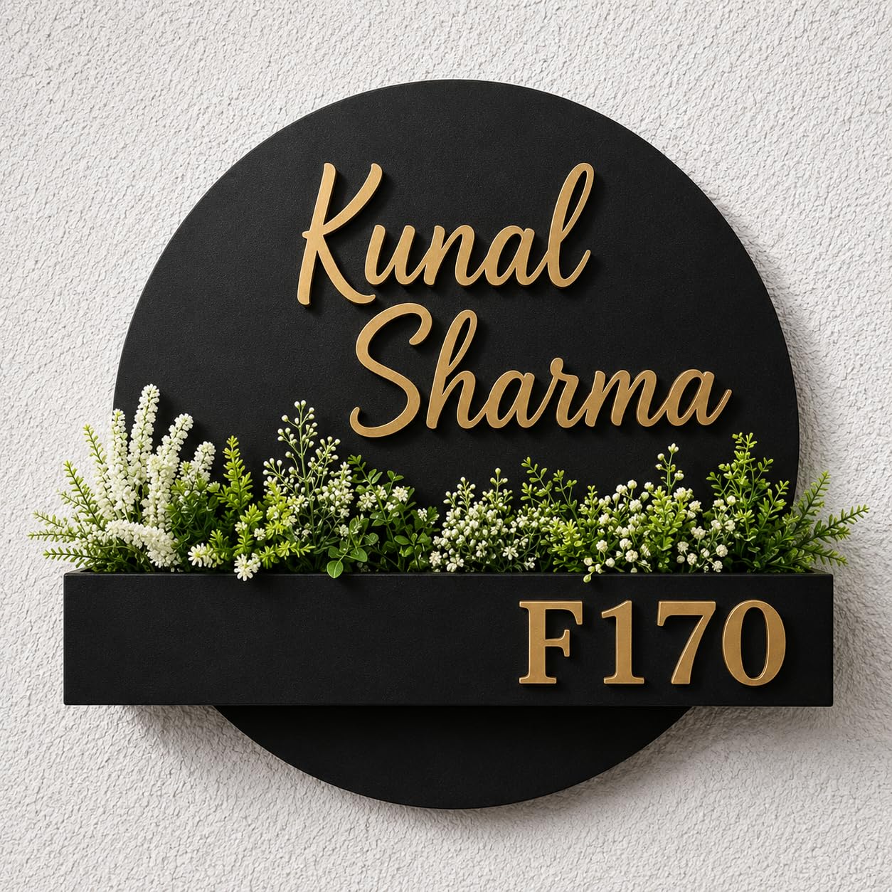 Custom Acrylic Name Plate with Mini Plant Holder | Personalized Elegant Black Round Door Name Plate (Plants not Included) (Black,12 Inch)-image-22