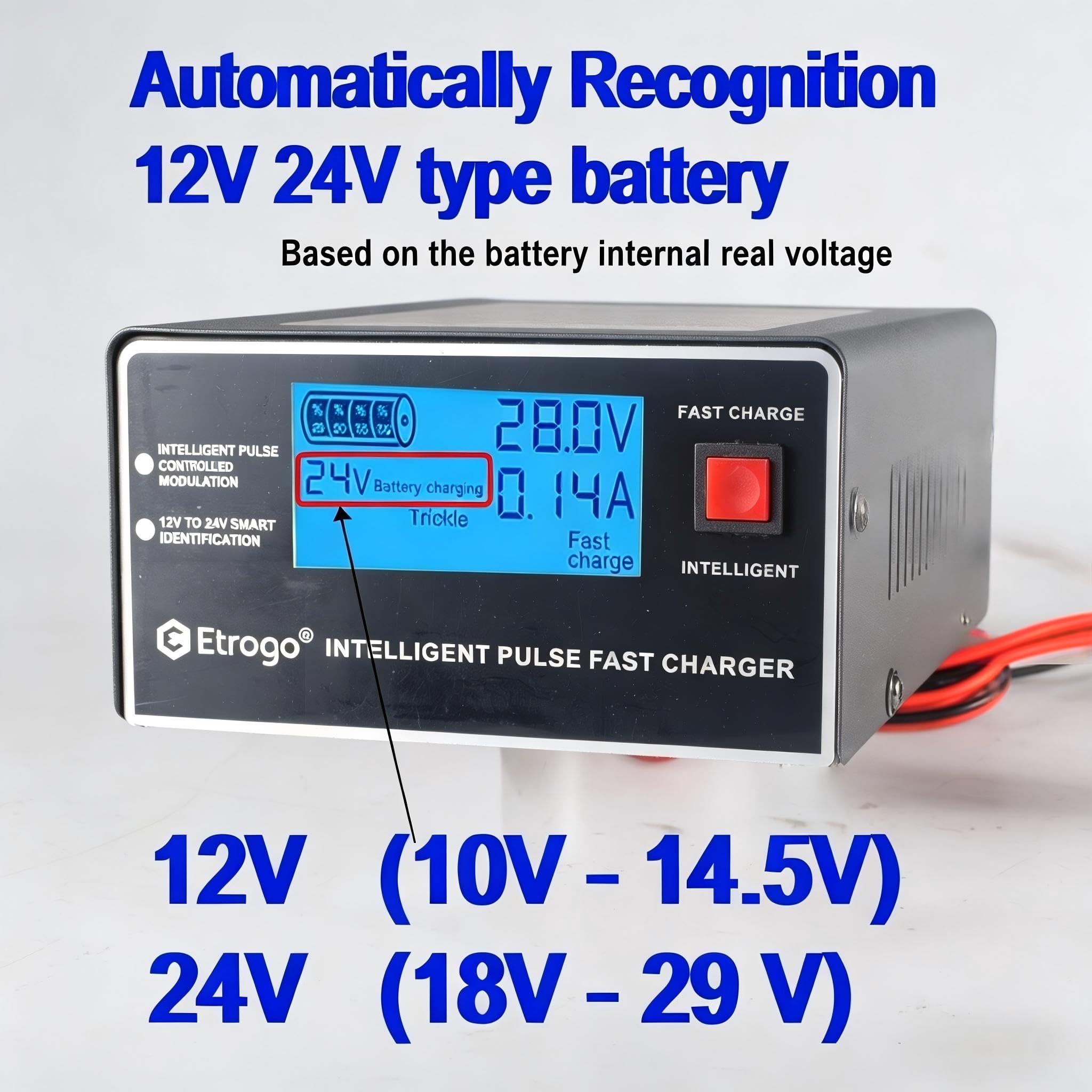 Etrogo Cargador Coche 12V 24V 10A 250W de Pulso Inteligente con Función Automática de Detección Reparación Mantenimiento con Pantalla LCD