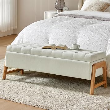 EcoHarbor Modern End of Bed Bench, Storage Ottoman Bedroom Bench with Wood Legs, Upholstered Footrest Stool for Living, Entryway, Dining Room and HallwayIvory 49.6inch