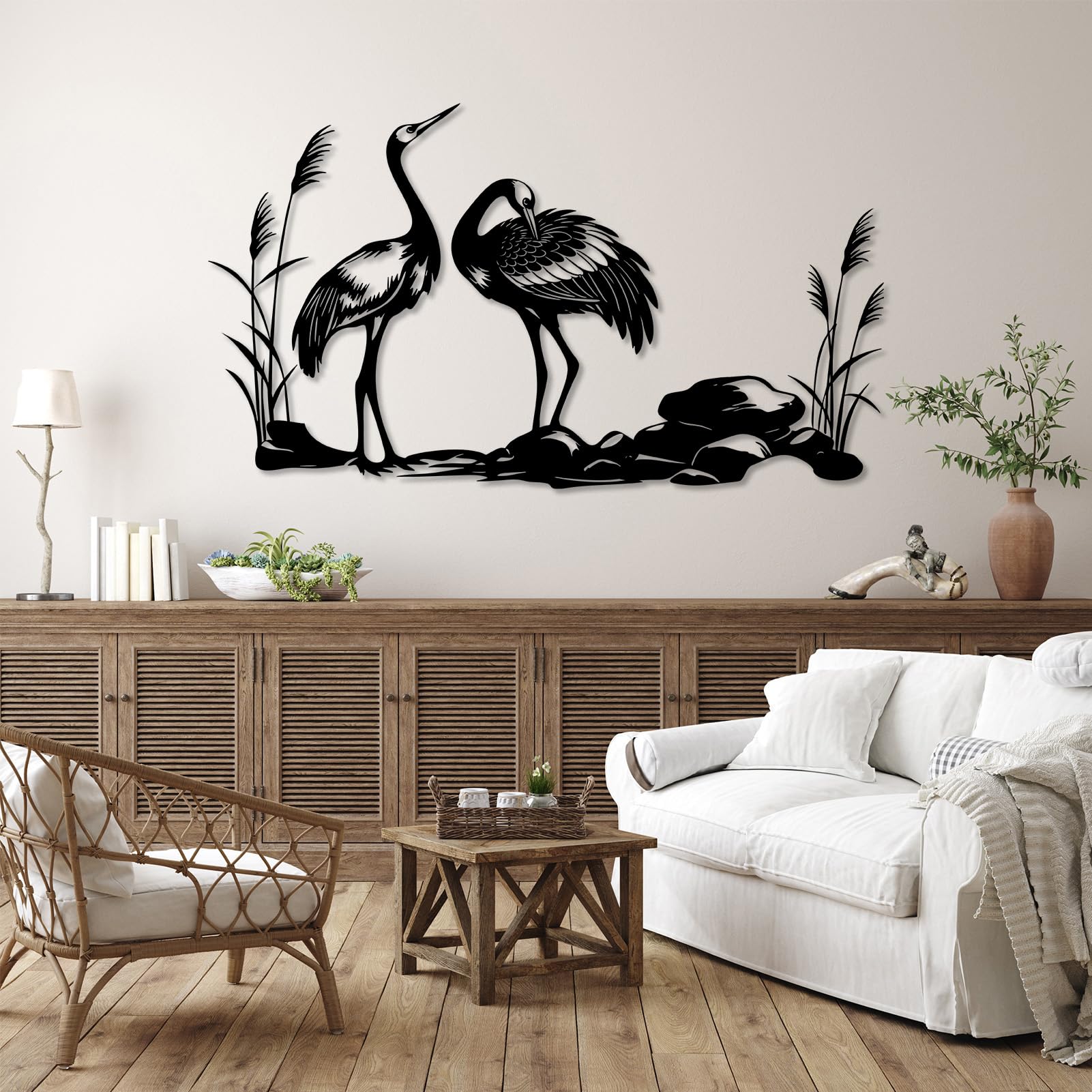 Großes abstraktes Wandbild aus Metall, Kranichmotiv, japanische Kranichdekoration, Wildtiermotiv für Wohnzimmer, Schlafzimmer (Gold, 150 x 86 cm)