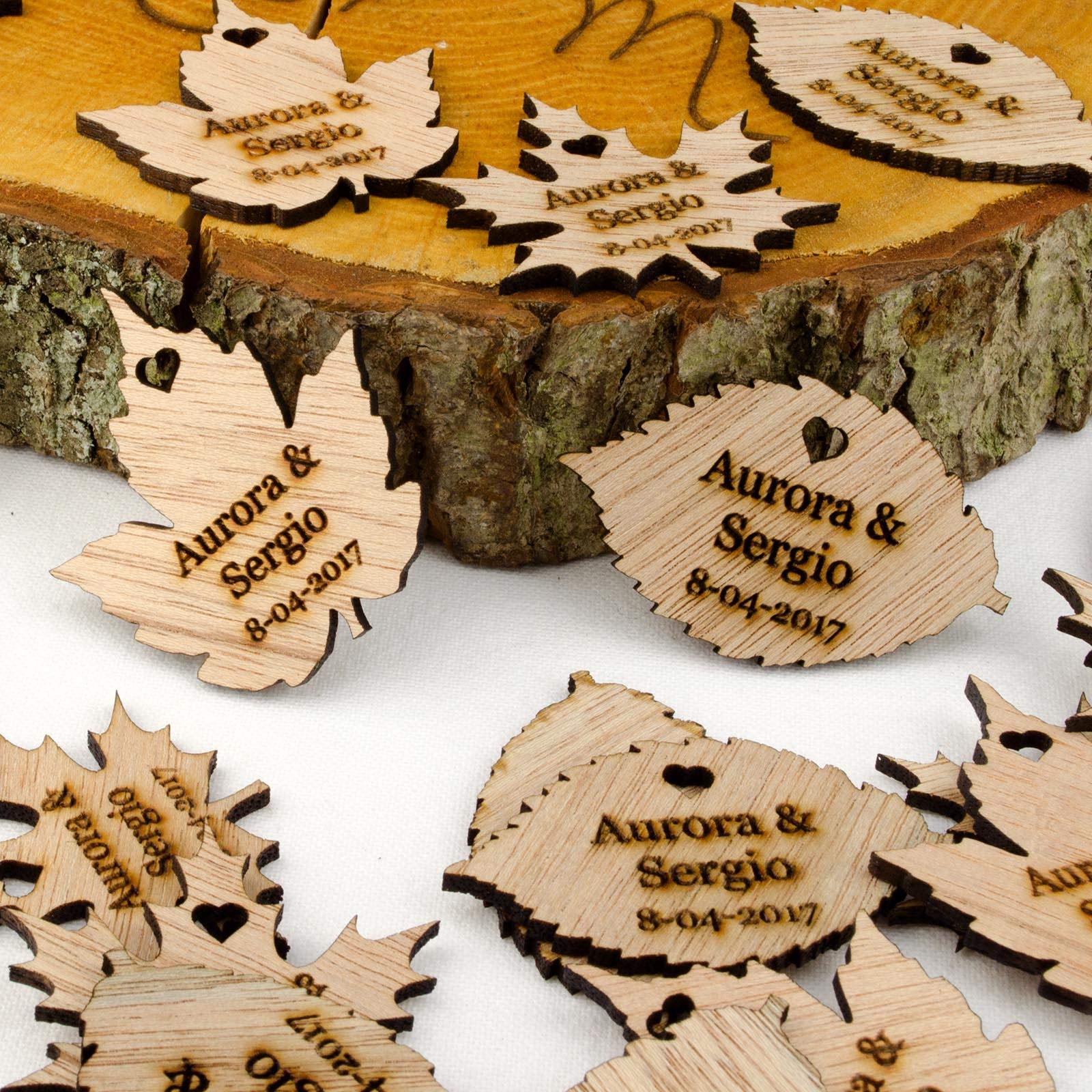 Personalised Wooden Leaf Table Decorations. Rustic or Vintage Wedding Favours. (75)
