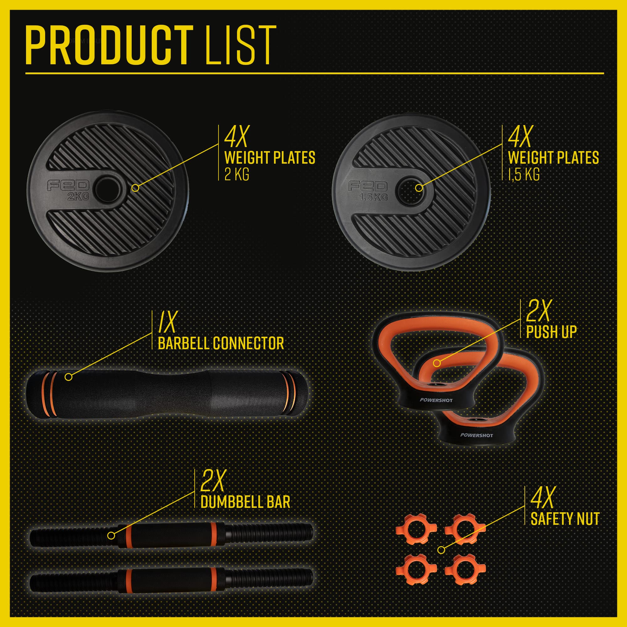 Kit Completo 4 in 1 per potenziamento Muscolare 10 kg - Kettlebell, bilanciere, manubri, Maniglie per Flessioni.