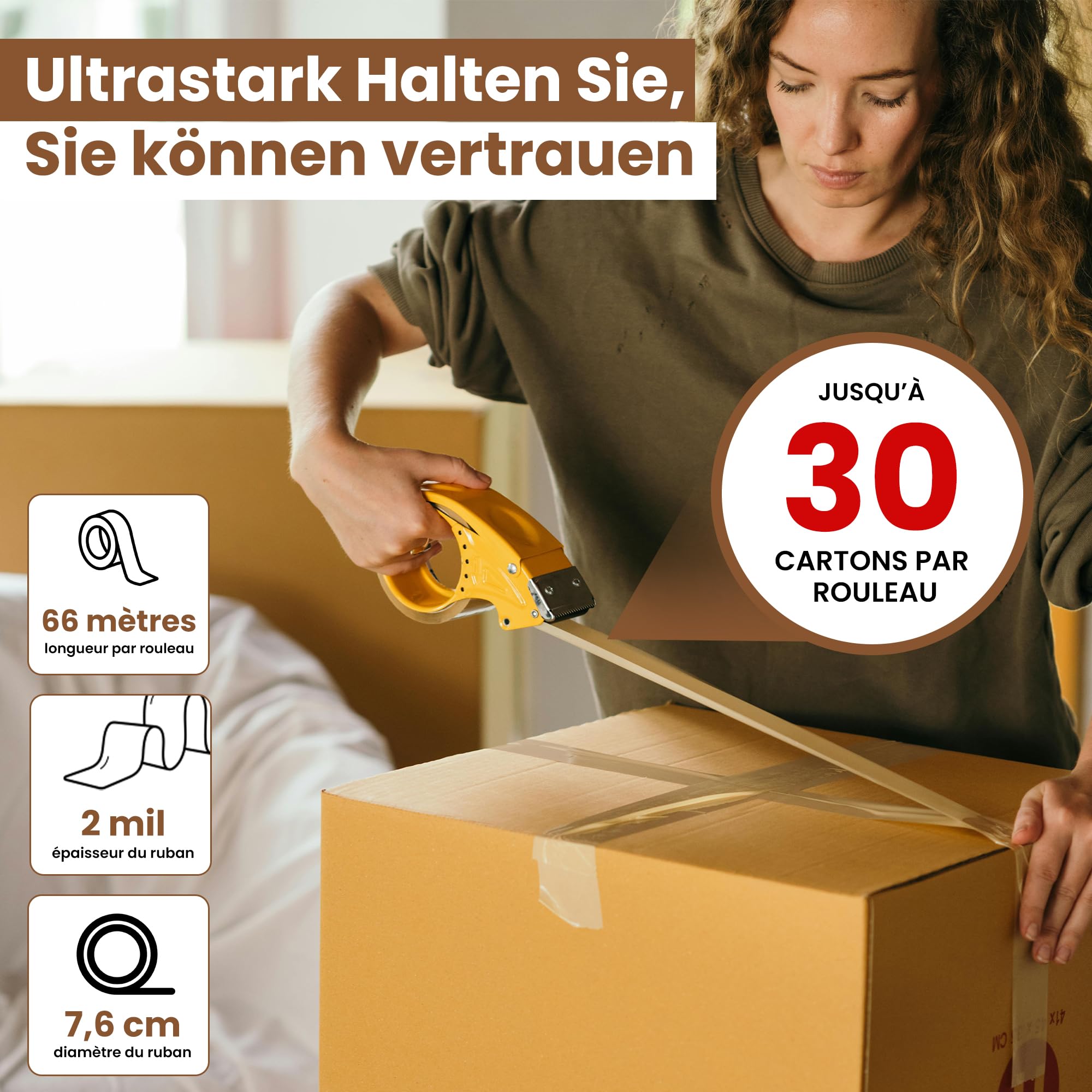 ELPACK Lot de 24 Rouleaux Ruban Marron Déménagement — Ruban Adhésif Emballage 50 mm x 66m Large Acrylique Silencieux pour Cartons Colis et Expédition