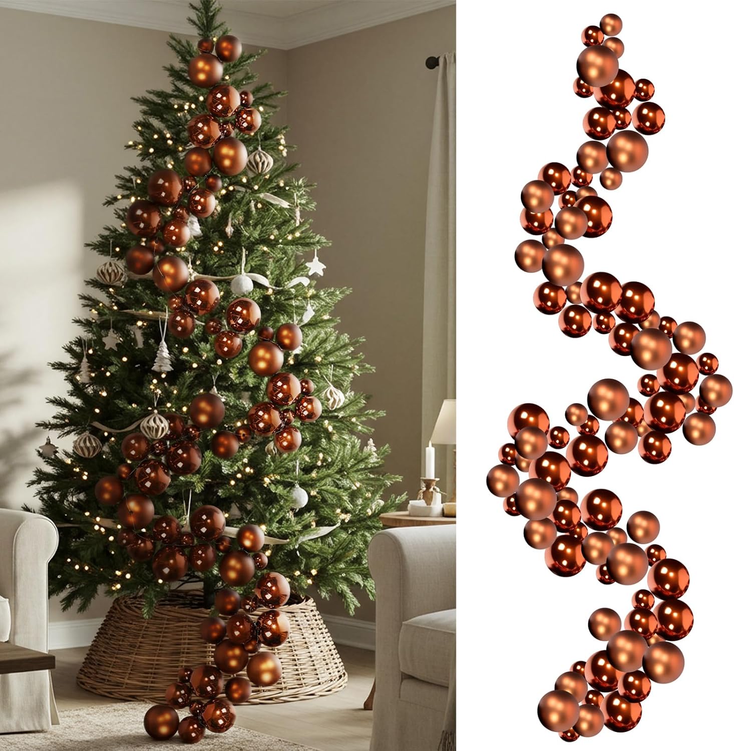 Soulchen 9ft Christmas Brown Ball Garland Glitter Shatterproof Xmas Tree Balls Decorations for Home Indoor Outdoor Mantel Holiday Party Christmas Tree Decor