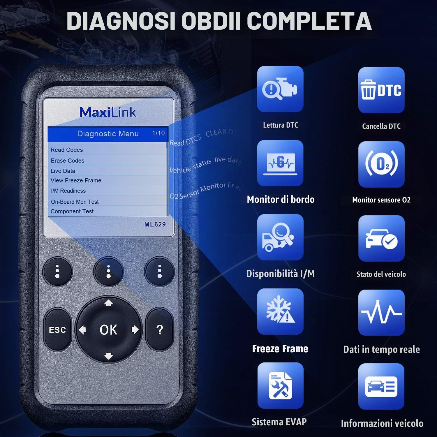 Autel MaxiLink ML629 Strumento Diagnostico Auto OBD2 Scanner | Per ABS, SRS, Motore e Trasmissione con Auto VIN, Ricerca DTC e Test Pronto - Versione Aggiornata Rispetto a ML619