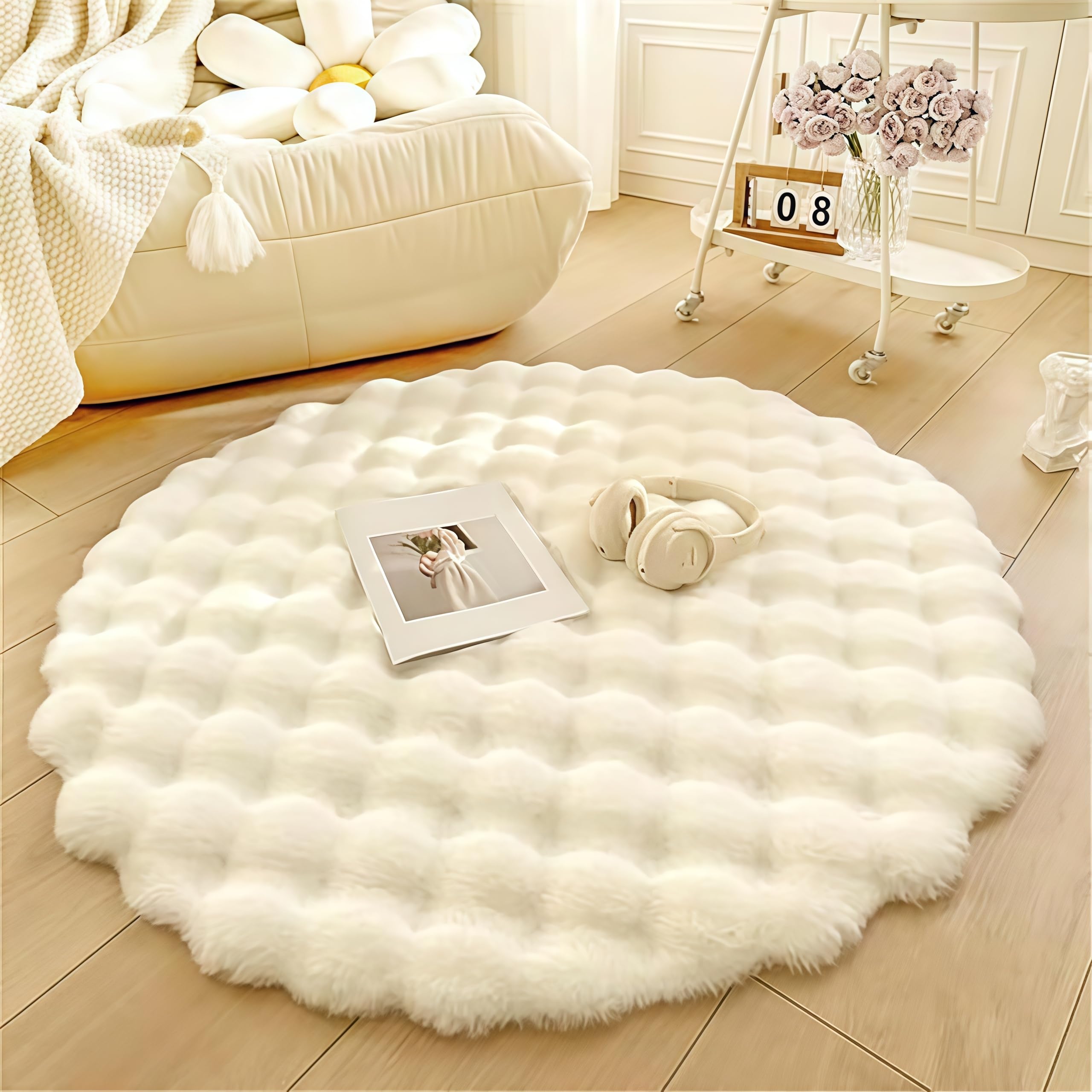 SAYEYBU Round Rabbit Plush Rug for Bedroom Living Room Sofa, Faux Fur Fluffy Shaggy Circle Rug for Kids Teen Girls Room,Furry Carpet Circular Rug for Nursery Baby Room,White,140cm