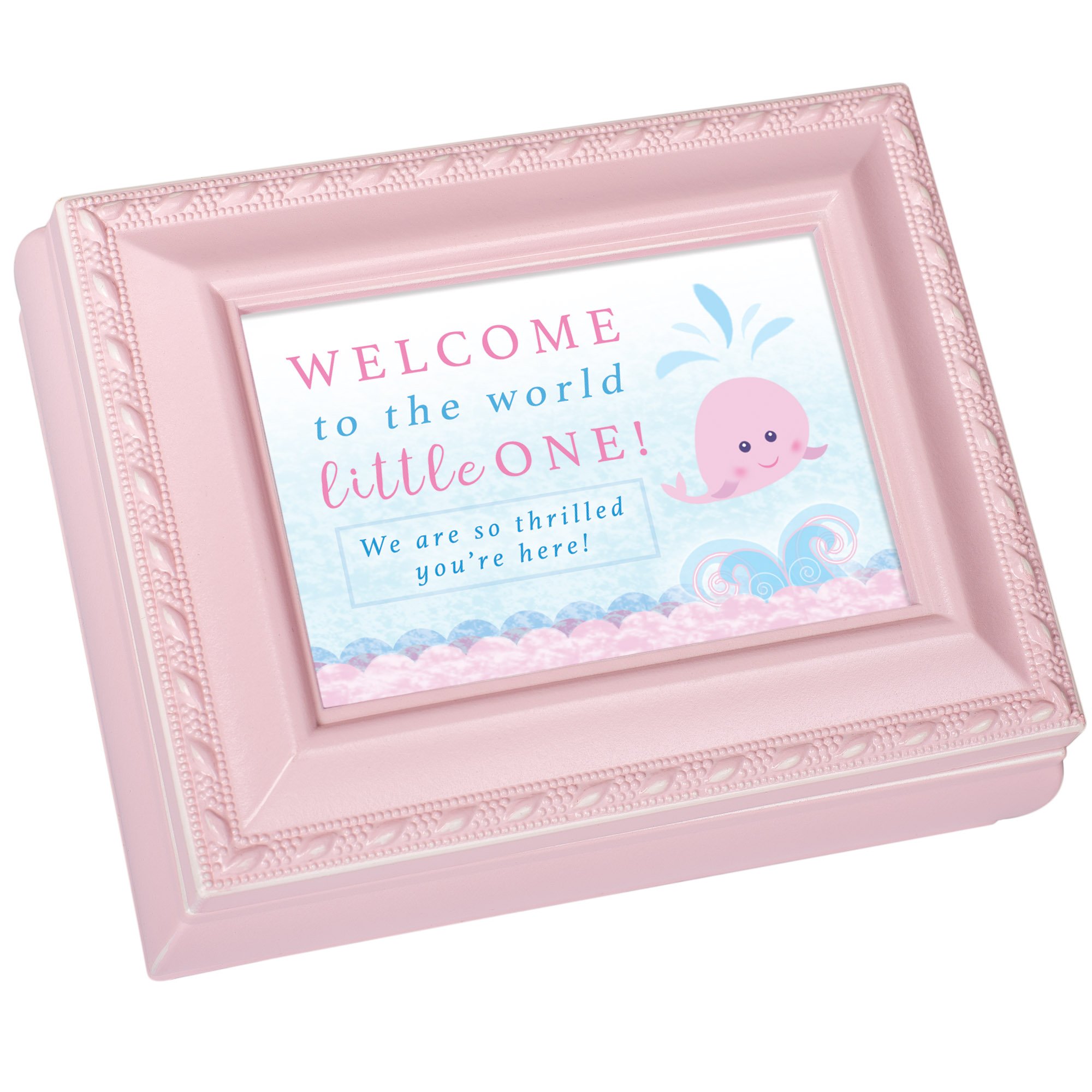 Cottage Garden Caja de recuerdos cuadrada para bebé, con cuerda rosa y texto en inglés Welcome to World Little One Baby