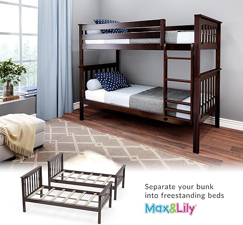 Miniatura 42 de Max & Lily - Litera de tamaño individual sobre matrimonial con escalera, base de cama de madera maciza para niños, barandillas de seguridad de 14