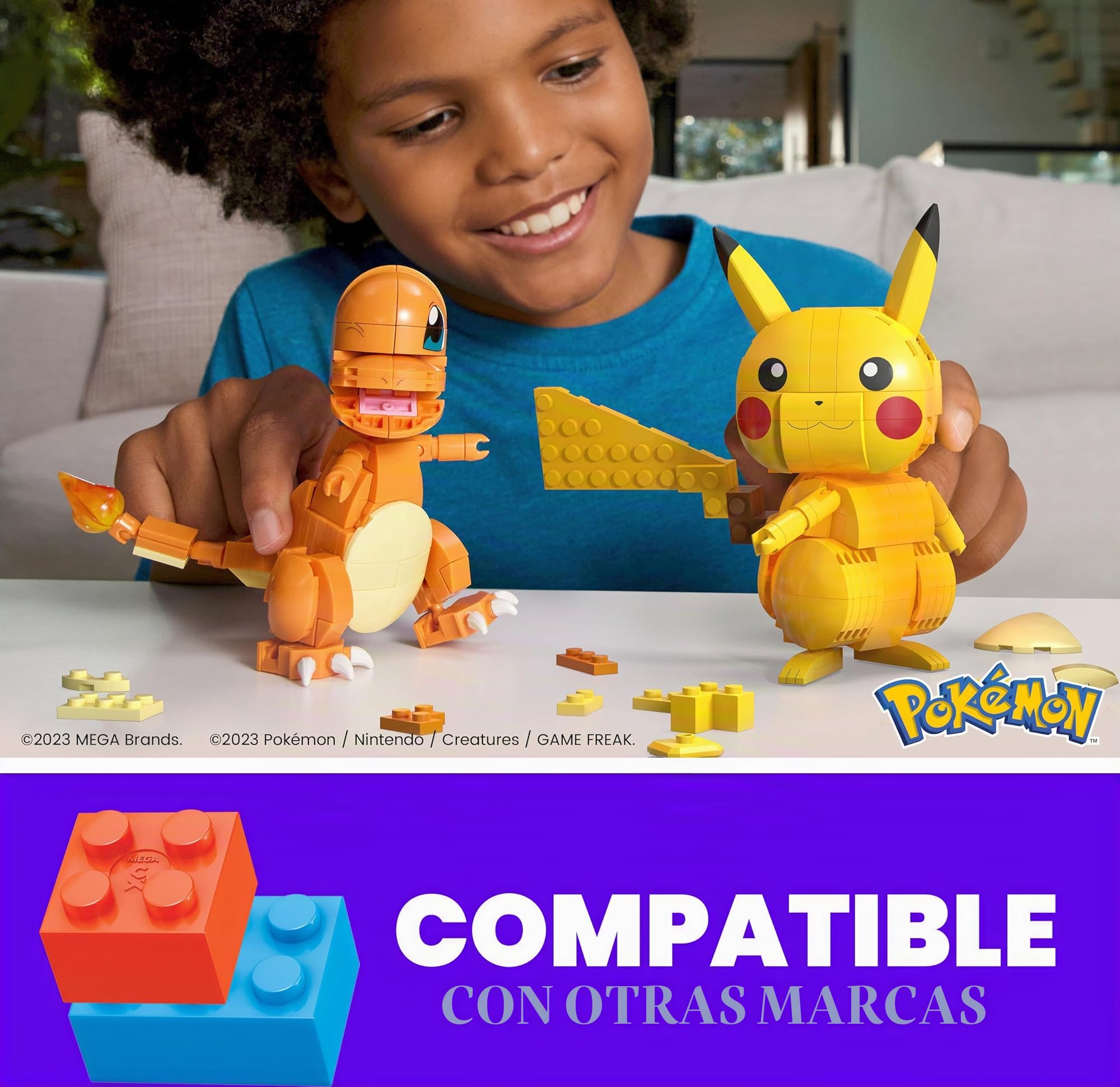 MEGA Pokemon Figura de acción juguetes de construcción para niños, Kanto Region Trio con 529 piezas, construible y articulable Pikachu Charmander Meowth
