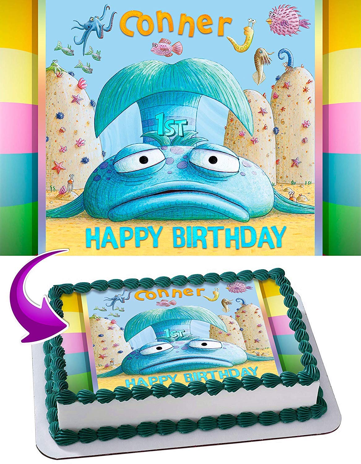 Cakecery Pout-Pout Fish Edible Cake Topper - Personalized 1/4 Sheet Birthday Banner for Kids Cakes