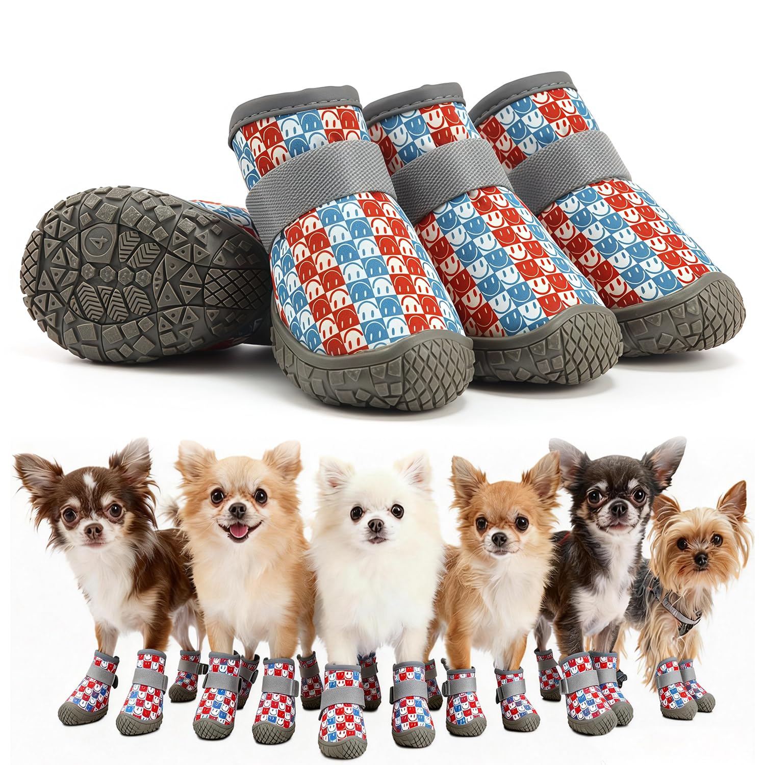 GAZIL 4-Piece Set of Dog Shoes, Red & Blue Waterproof Lightweight Dog Boots for Injured Paws, Flexible Paw Protectors with Non-Slip Sole for Small 6-9KG Dogs(Paw Length Within 4.8cm)