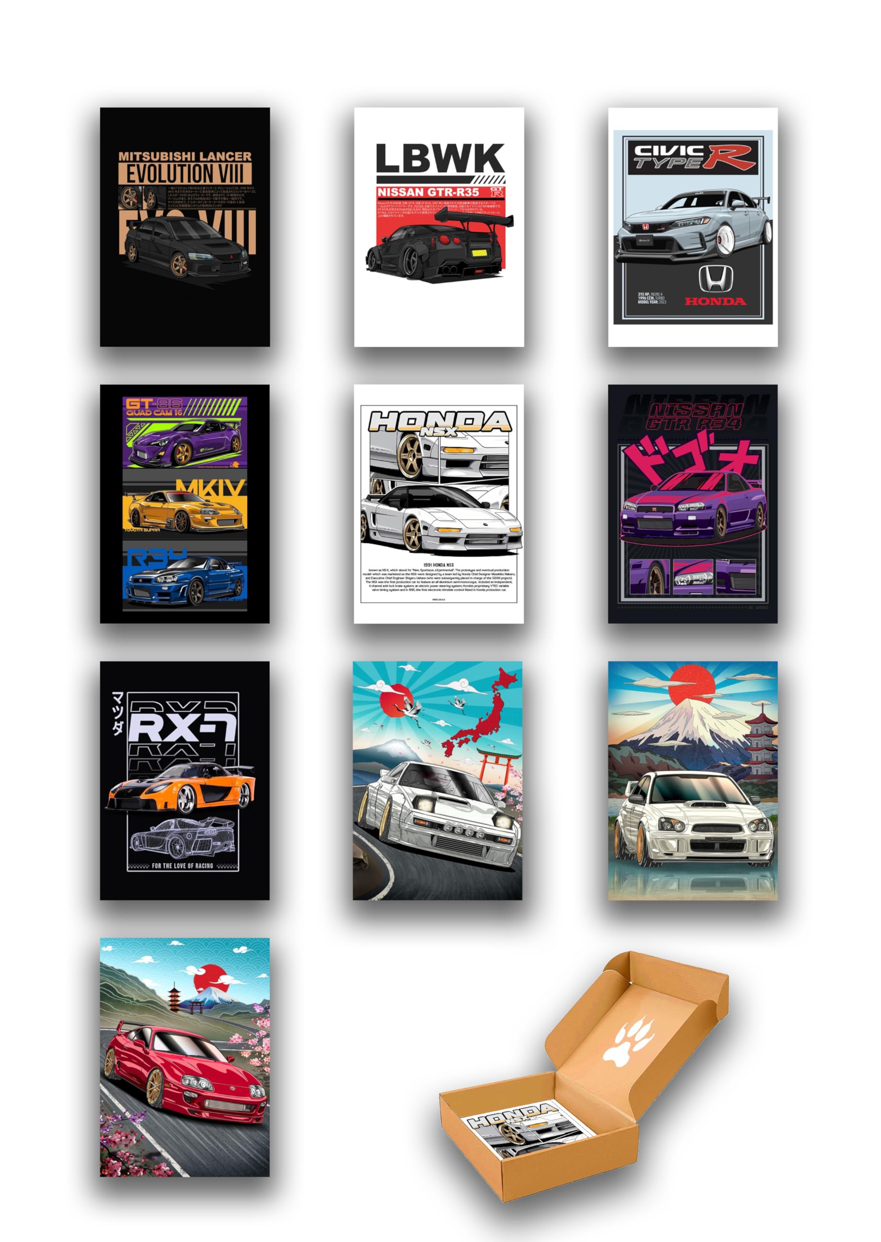 Panduh Prints JDM Car Posters Pack of 10 - A4 (8.27 x 11.69 Inches) - Perfect for Bedroom, Office, Garage & Living Room Decor - Stunning Artwork for JDM Enthusiasts