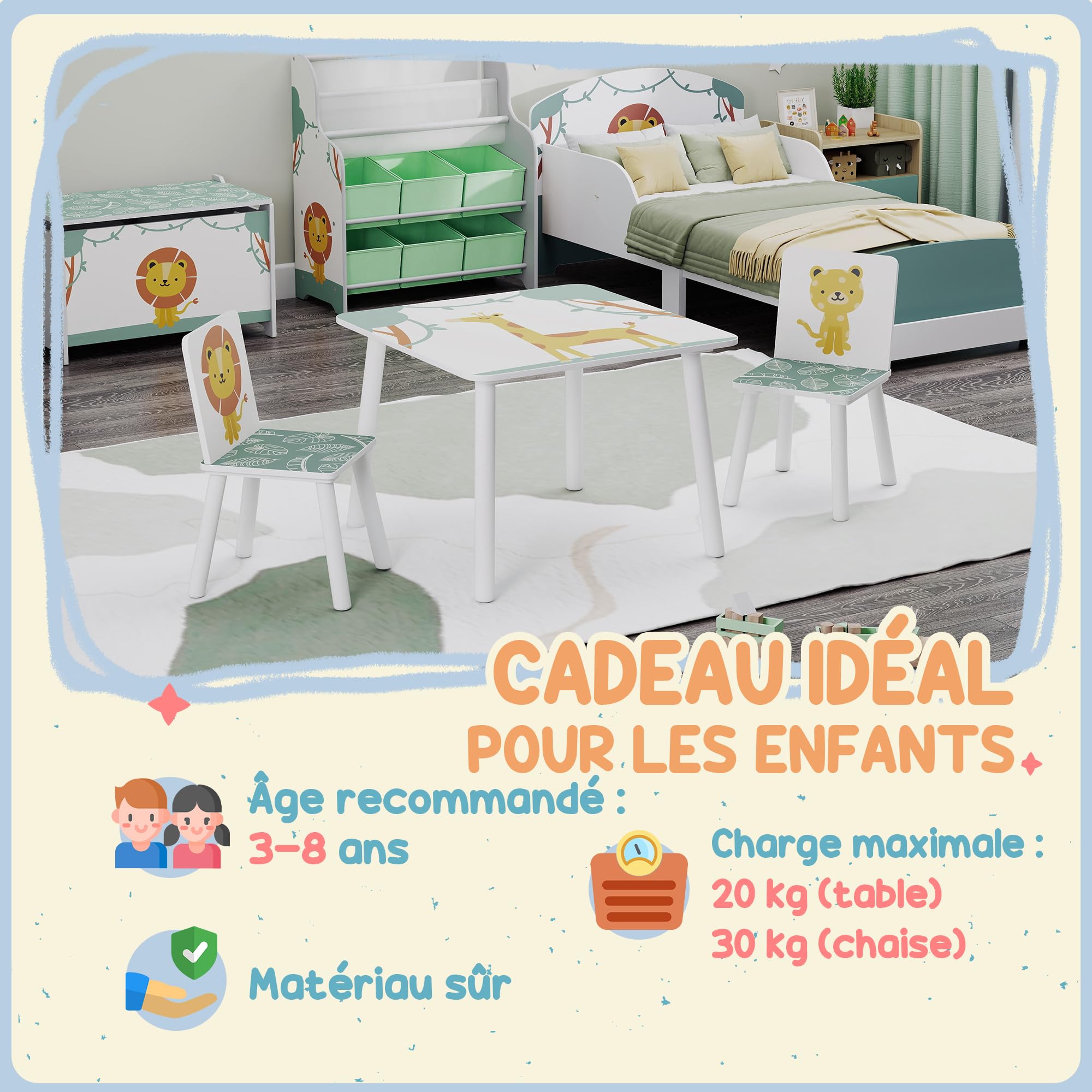 AIYAPLAY Table Enfant avec 2 Chaises en Bois pour Dessiner, Jouer, étudier, Motifs Animaux, Vert, 3-8 Ans