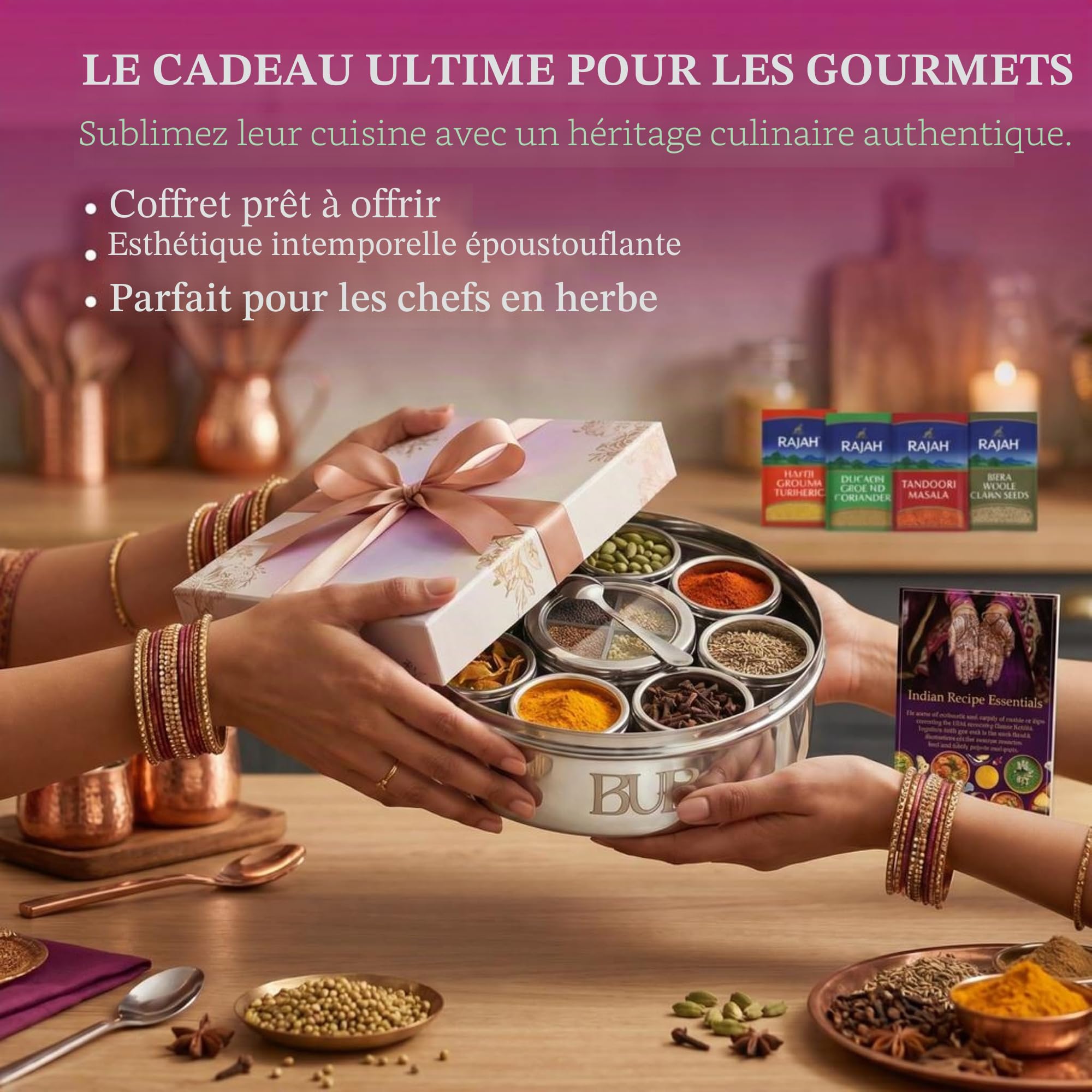 Bub : Grande boîte à épices Masala Dabba de qualité supérieure de 22 cm | 9 pots à épices avec couvercles individuels | Ensemble d'épices Rajah et livre de recettes | Cuillère et couvercles en