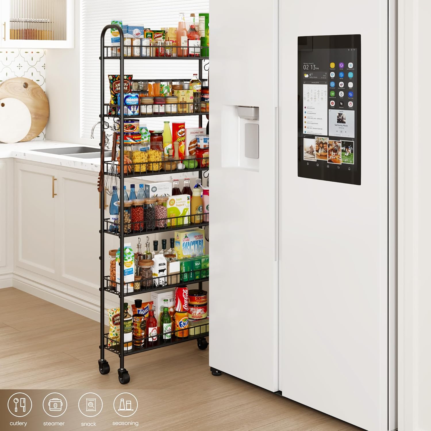 6-Tier Slim Storage Cart, Rolling Kitchen Cart with Wheels, Narrow Metal Shelf Organizer with Hooks for Kitchen, Bathroom, Living Room, Laundry, Small Spaces (Black, 6 in)