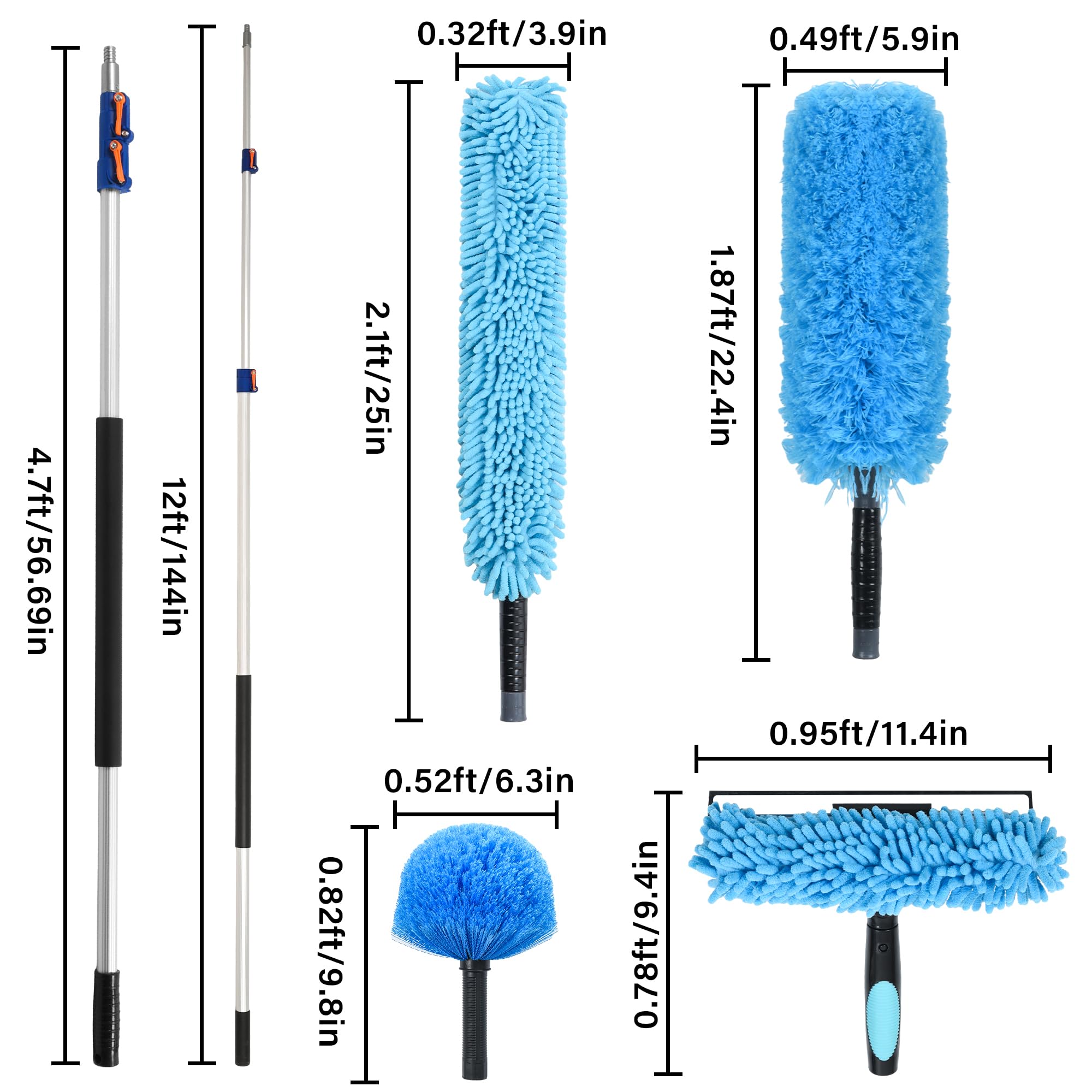 Kit de limpieza de alto alcance de 12 pies con poste de extensión telescópico de 5 a 12 pies, plumero flexible para ventilador de techo, plumero de plumas de microfibra, plumero de telaraña,