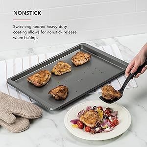 KitchenAid 13x18in Nonstick Aluminized Steel Baking Sheet, Contour Silver