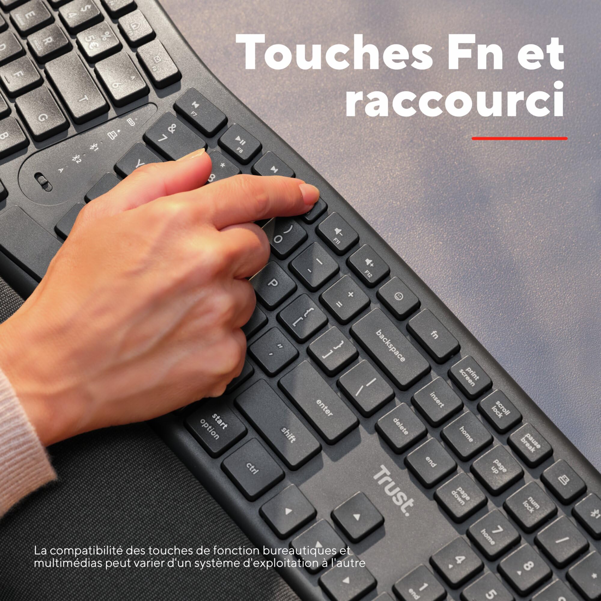 Trust Arvia Clavier Ergonomique sans Fil AZERTY Français Silencieux, Noir | Bluetooth + 2.4GHz, Clavier Bluetooth Multi-appareils Deux Parties avec Repose-Paume, PC Ordinateur Portable Mac