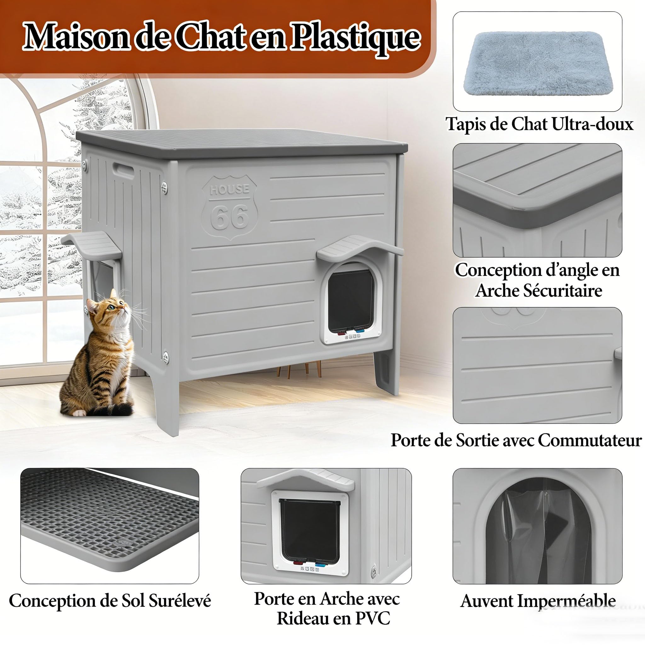HiCaptain Maison pour chat d'extérieur résistante à l'hiver Chats en plastique sauvage Maison pour chat d'extérieur Abri pour chiot pour petits animaux de compagnie moyens Parc pour animaux de