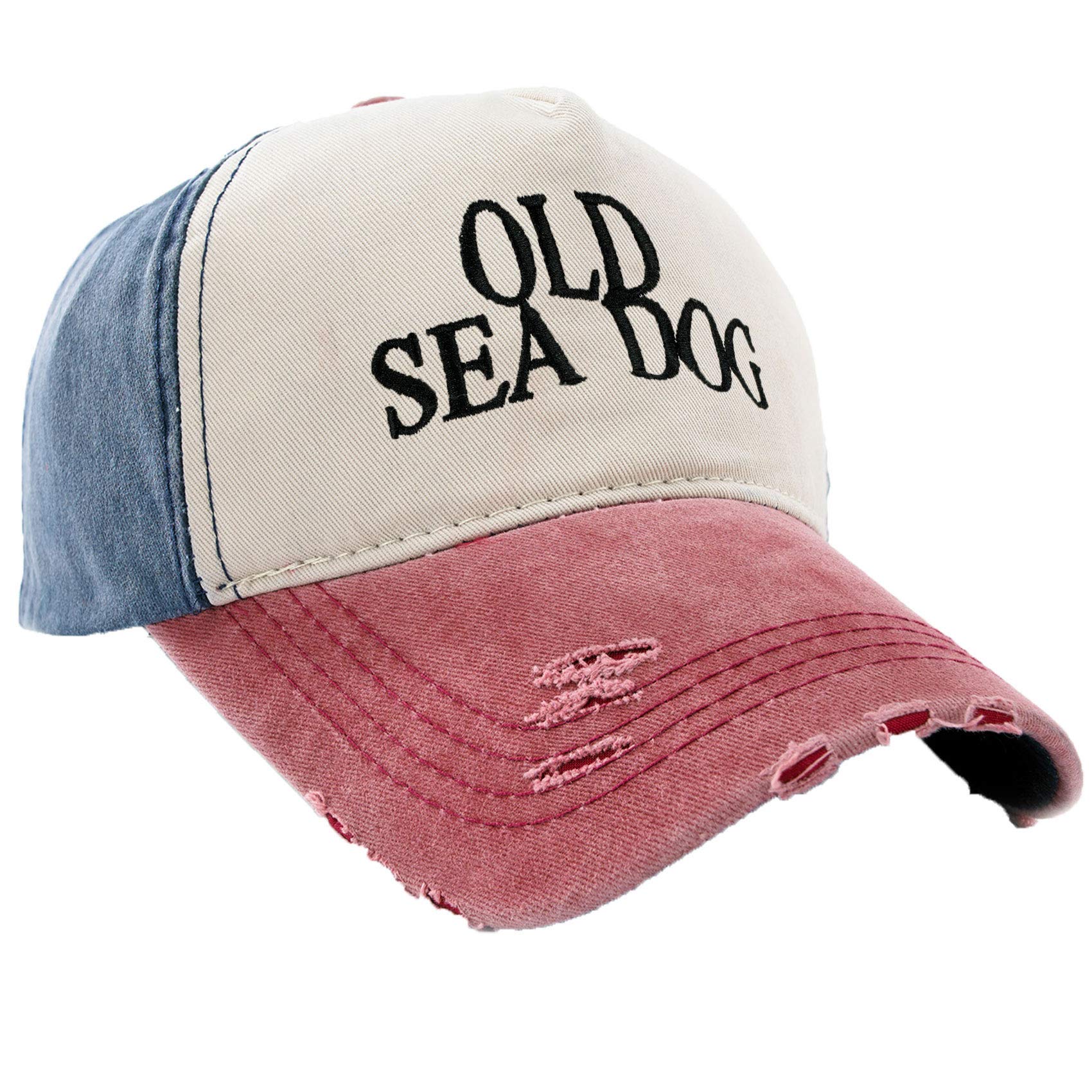 Mfaz Morefaz Ltd Unisex Old See Dog Red Peak Boating Hat Baseball Cap Captain Army Military Drunk Sailor,Mariner,Galley Slave,Old See Dog (Old See Dog Red Peak)